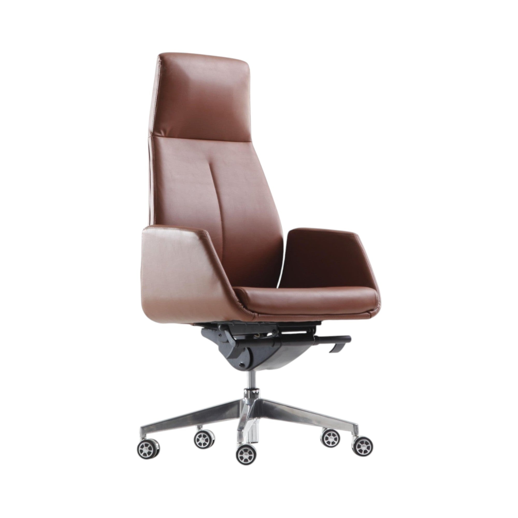 Xiaoyaozuo office chair executive high back chair in brown faux leather with polished metal base and casters.