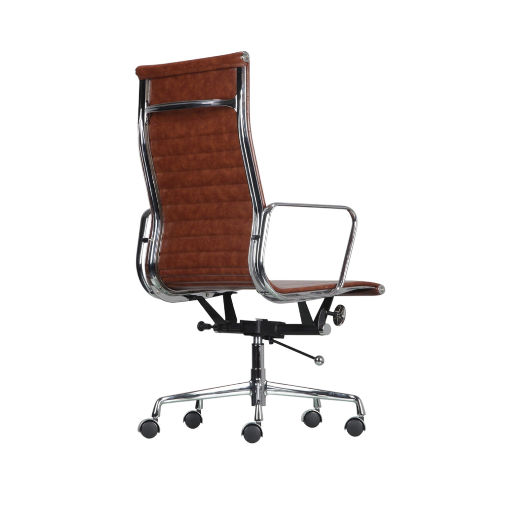 Xiaoyaozuo office chair executive high back chair in brown faux leather with chrome accents and ribbed detailing.