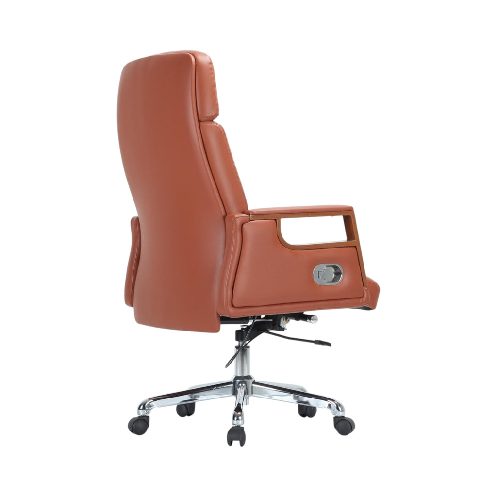 Xiaoyaozuo office chair executive high-back chair in brown faux leather with wooden armrests and chrome base.