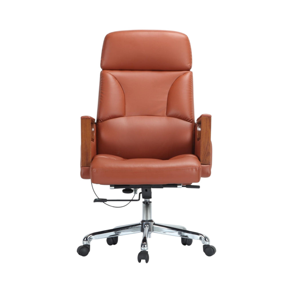 Xiaoyaozuo office chair: Executive high-back chair in brown faux leather with wooden armrests and chrome base.