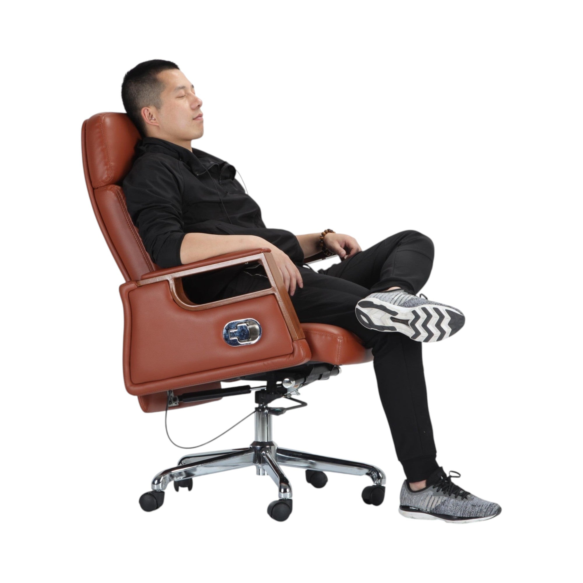 Xiaoyaozuo office chair executive high-back chair in brown faux leather with wooden armrests and chrome base, reclined with a man resting.
