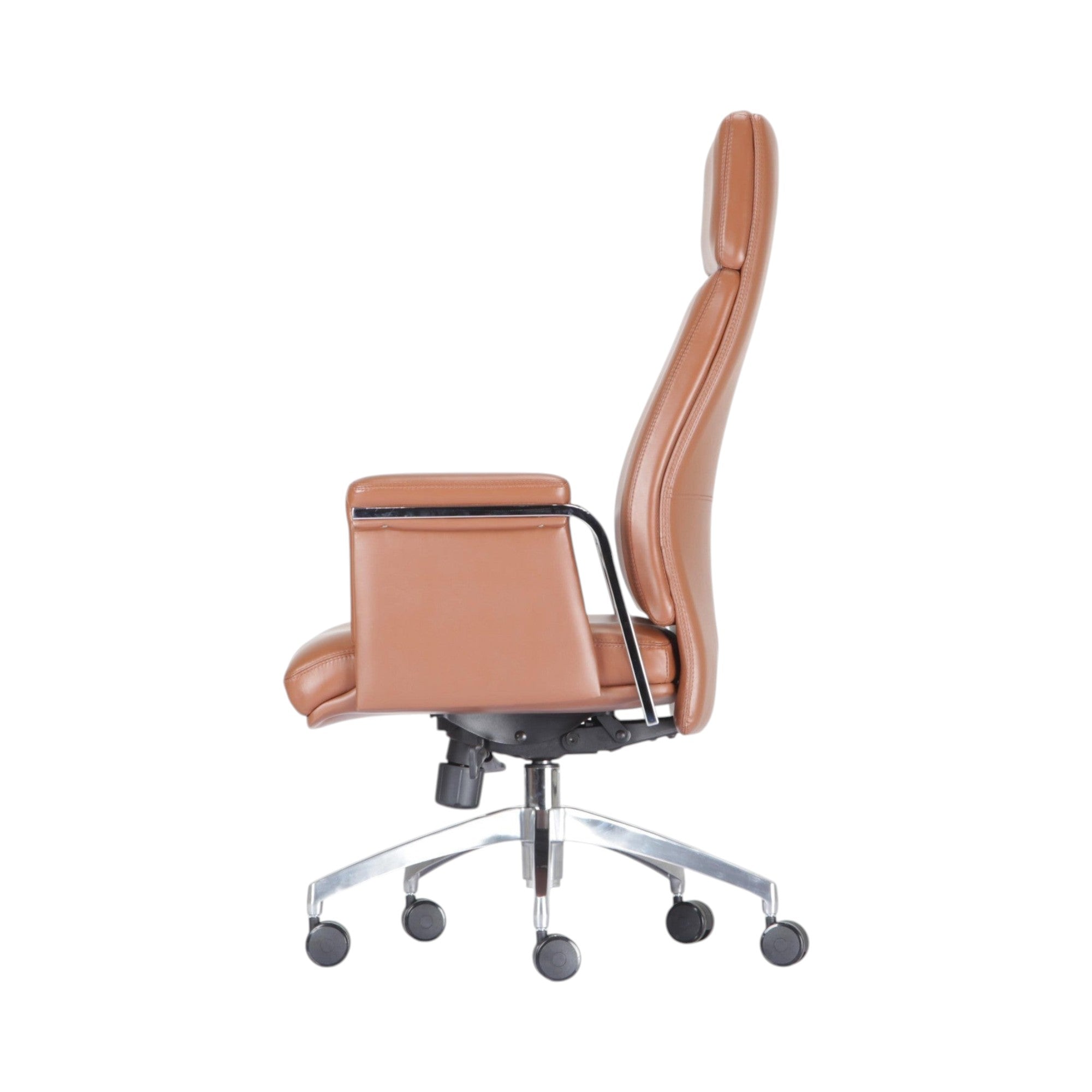 Xiaoyaozuo office chair executive high back chair in brown faux leather with chrome base and casters.