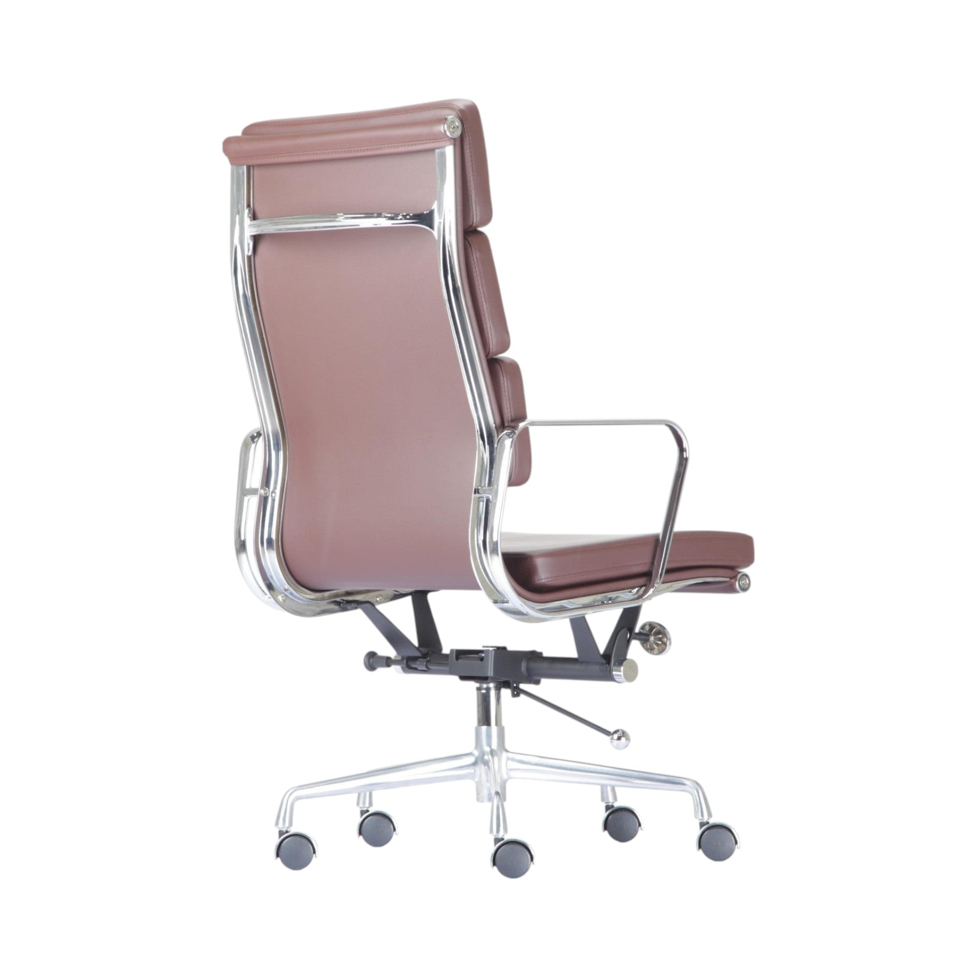 Xiaoyaozuo office chair executive high back chair in brown faux leather with polished chrome frame and armrests.