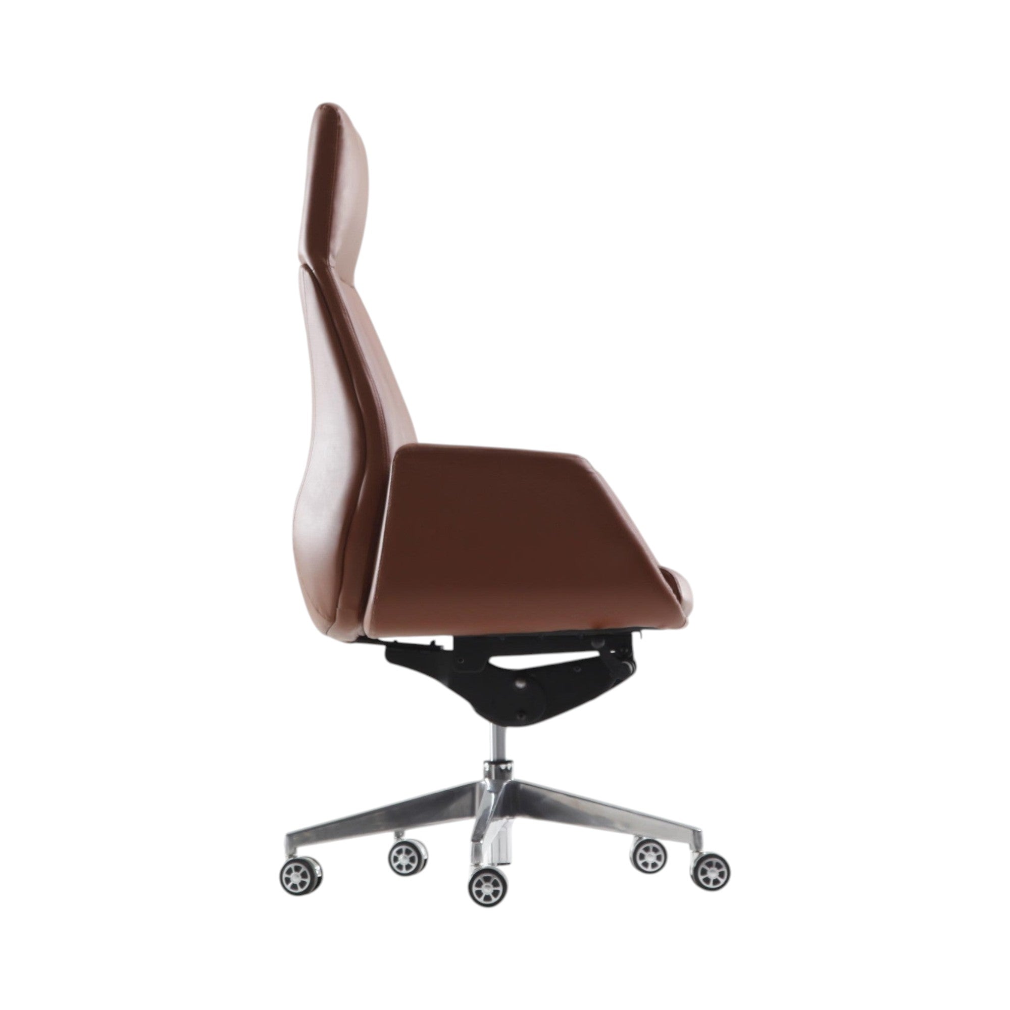 Xiaoyaozuo office chair executive high back brown faux leather ergonomic office chair with polished metal base and casters.
