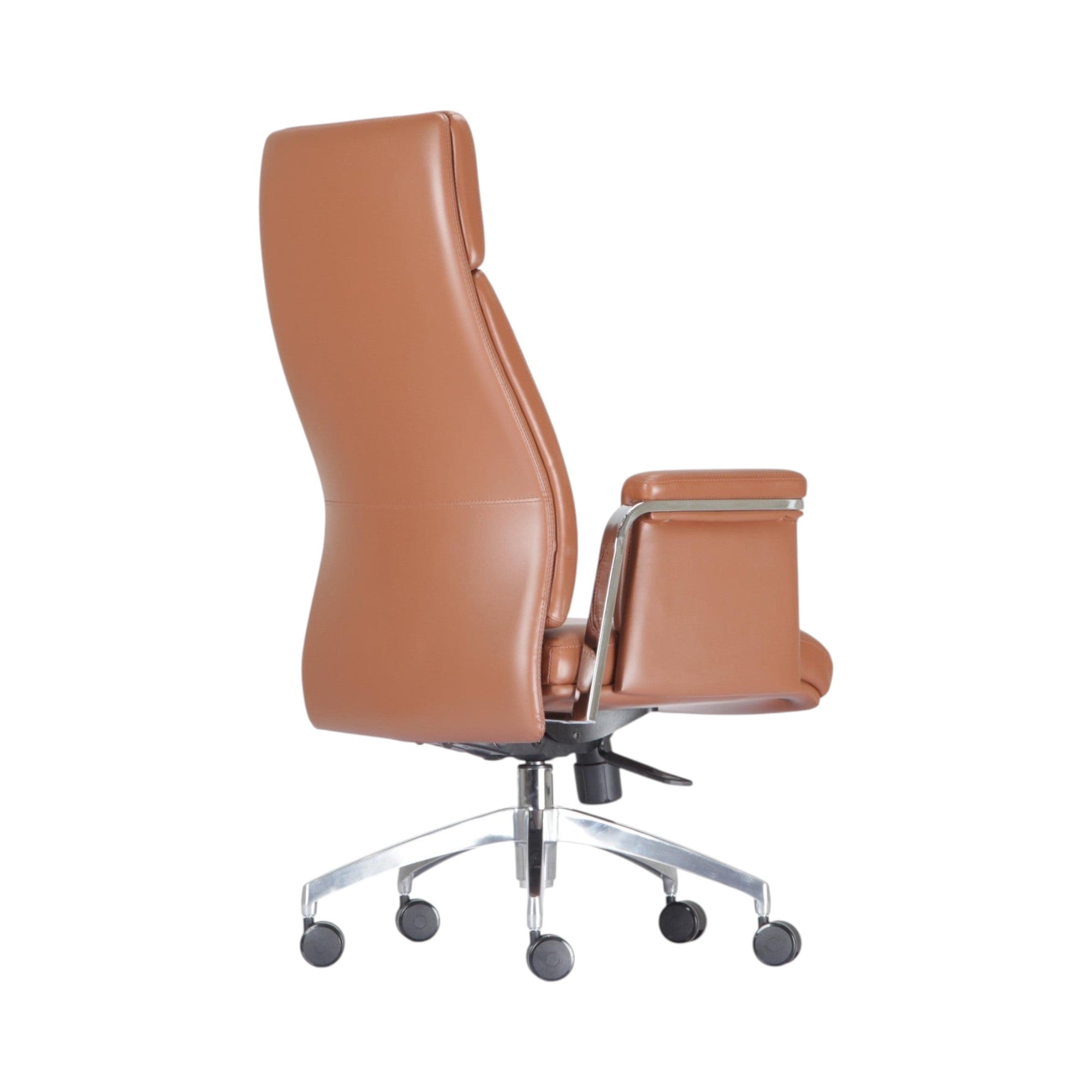 Xiaoyaozuo office chair brown faux leather executive high back office chair with padded armrests and chrome base.