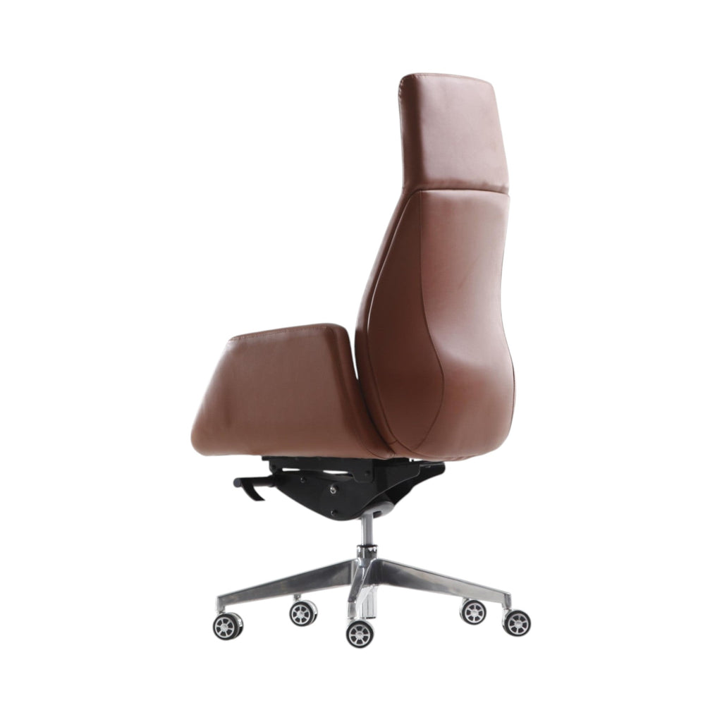 Xiaoyaozuo office chair brown faux leather executive high back office chair with polished metal base and casters.