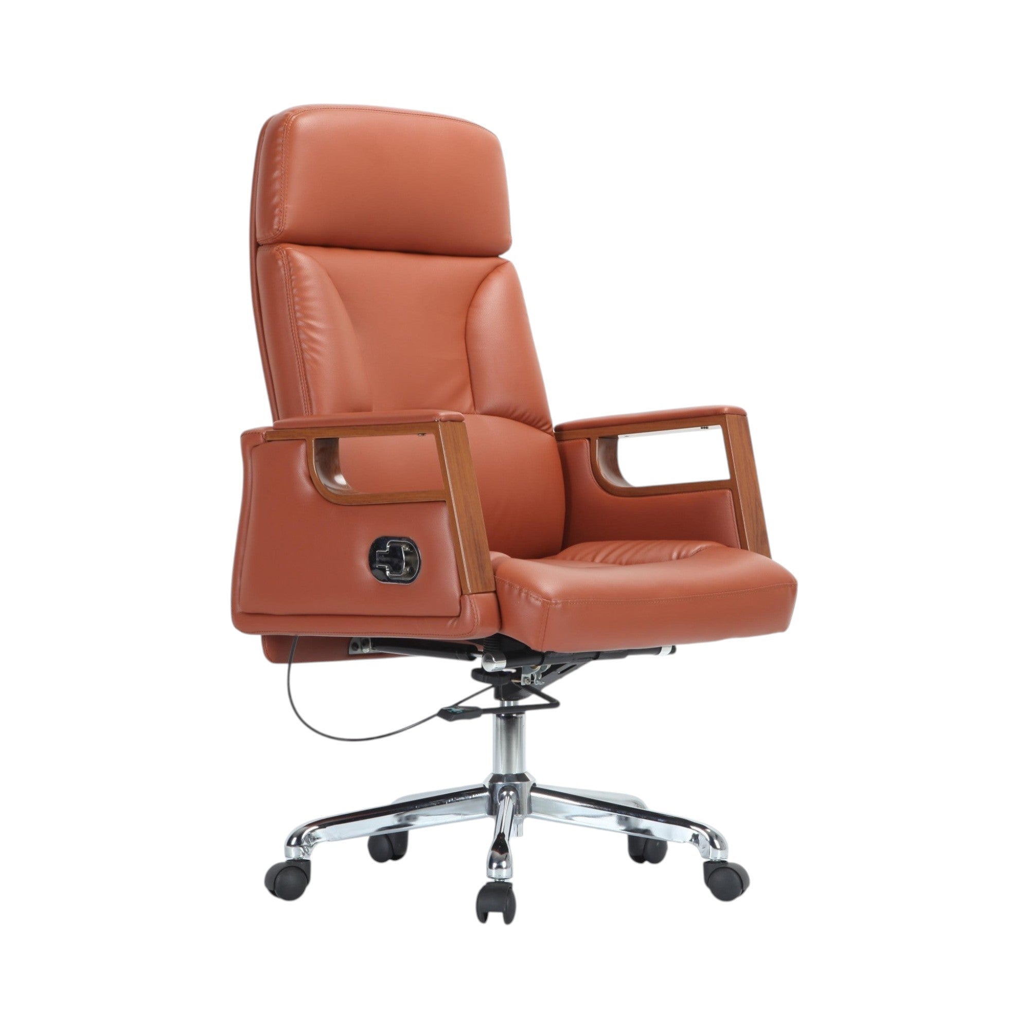 Xiaoyaozuo office chair executive high-back chair in brown faux leather with wooden armrests and chrome base.