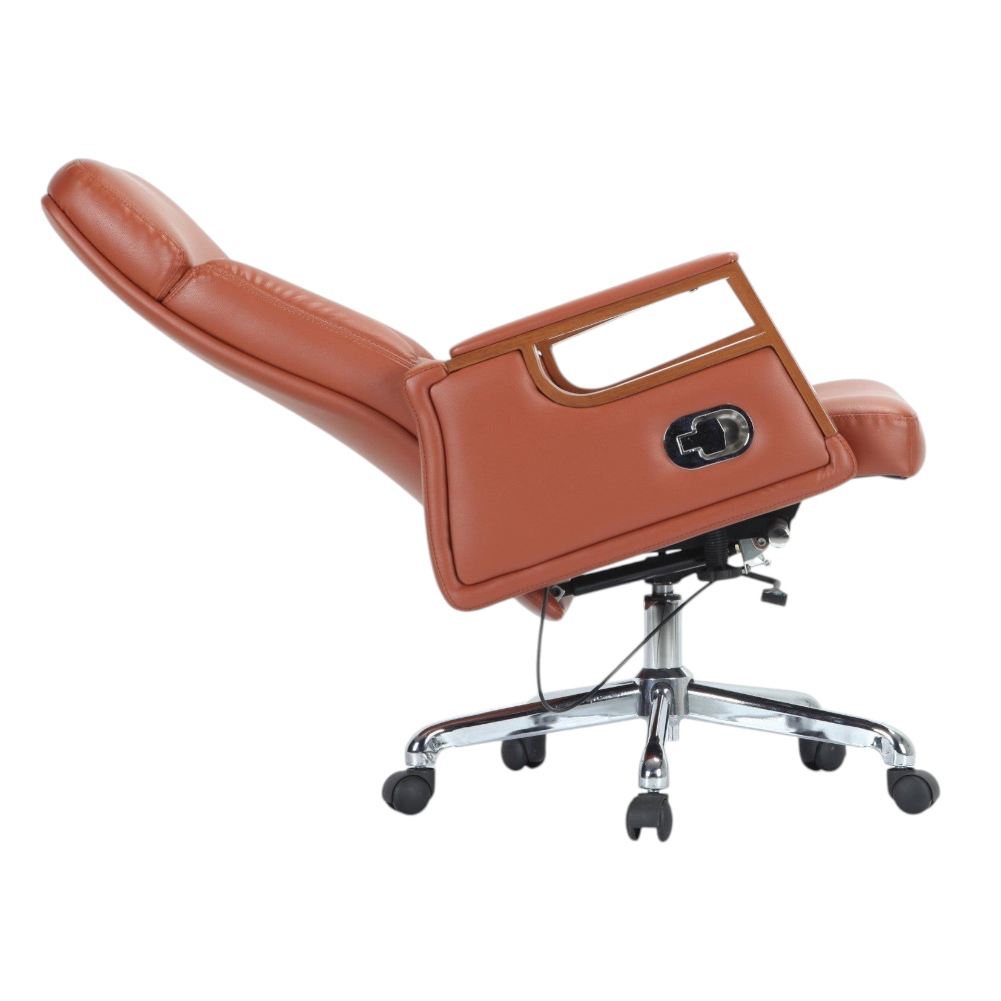 Xiaoyaozuo office chair executive high-back chair in brown faux leather with wooden armrests and chrome base.