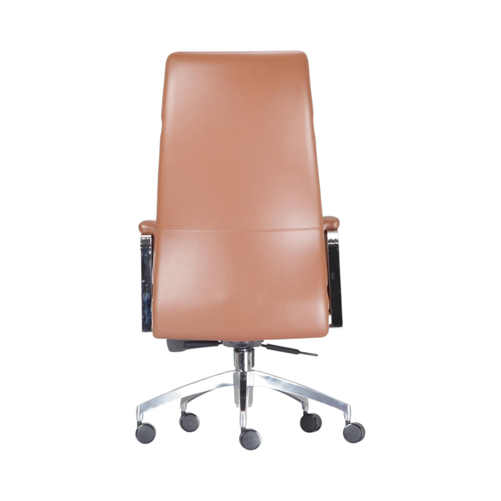 Xiaoyaozuo office chair executive high back chair in brown faux leather with chrome base and casters.