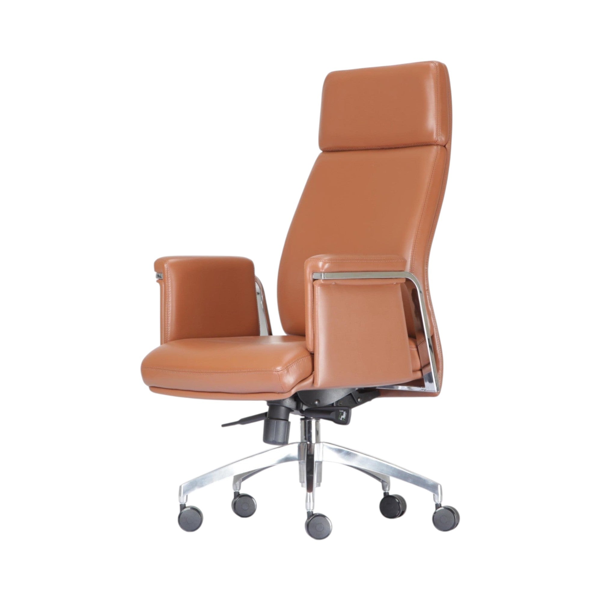 Xiaoyaozuo office chair executive high back chair in brown faux leather with chrome base and casters.