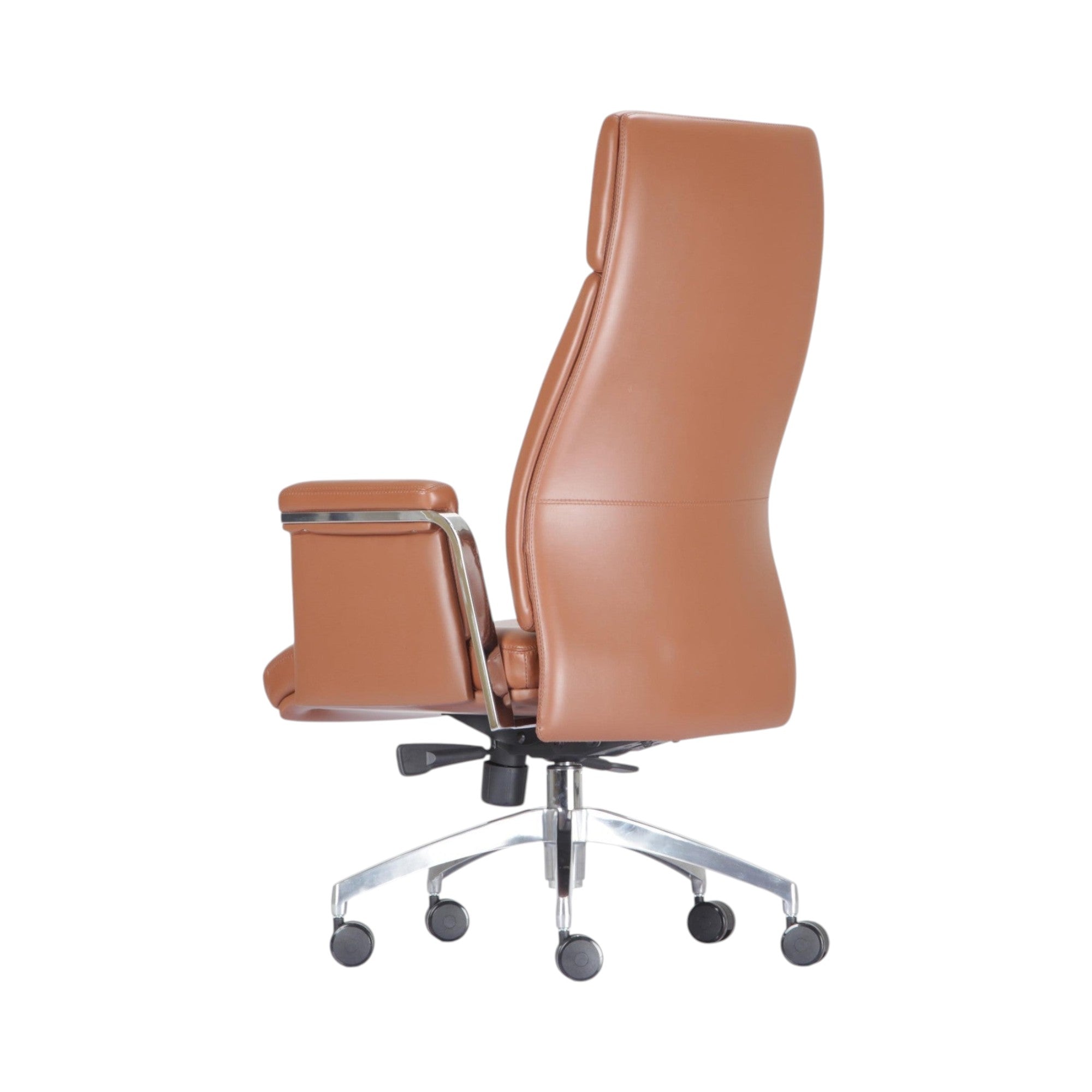 Xiaoyaozuo office chair executive high back chair in brown faux leather with chrome base and casters.