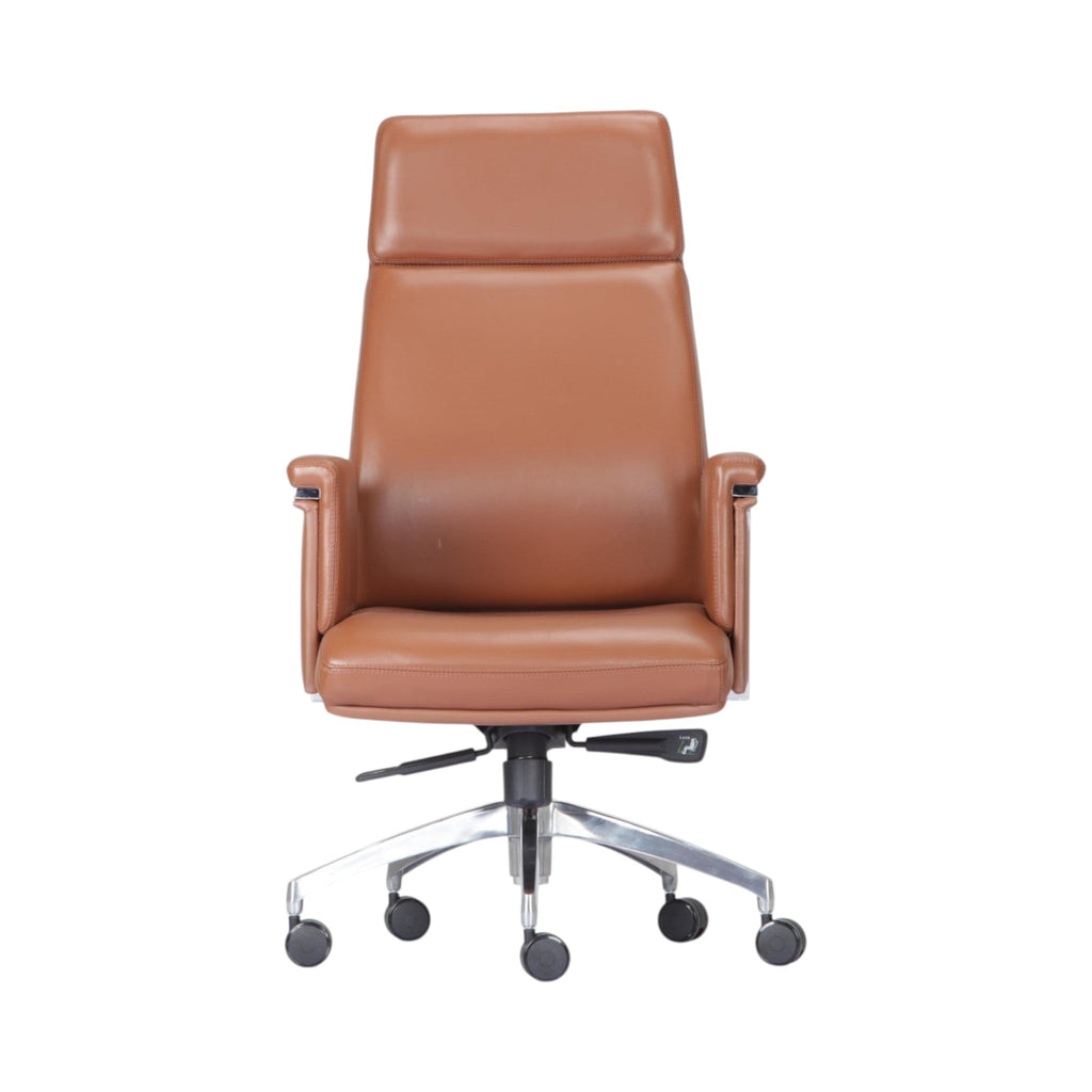 Xiaoyaozuo office chair executive high back chair in brown faux leather with padded armrests and chrome base.