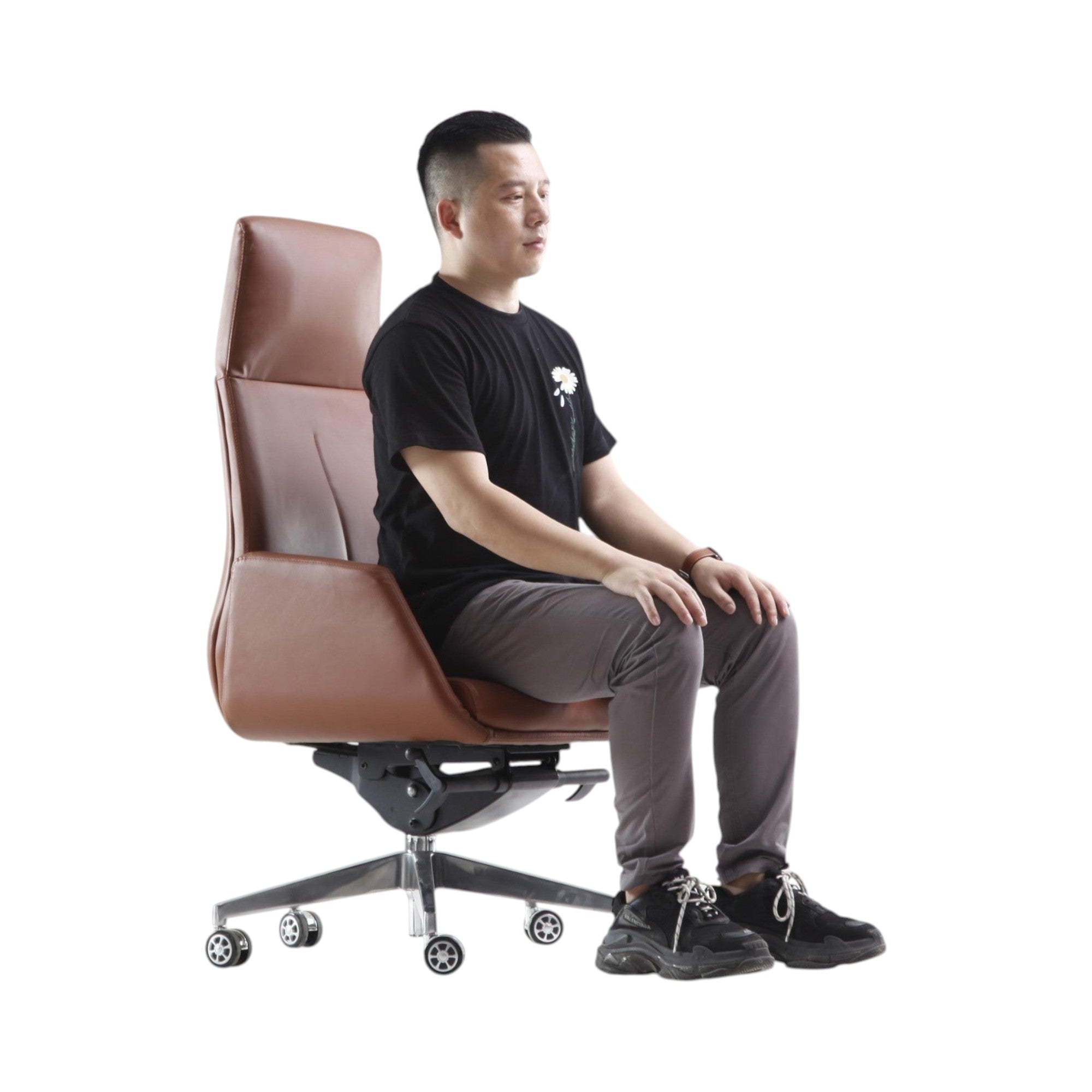 Xiaoyaozuo office chair executive high back chair in brown faux leather with polished metal base and casters.