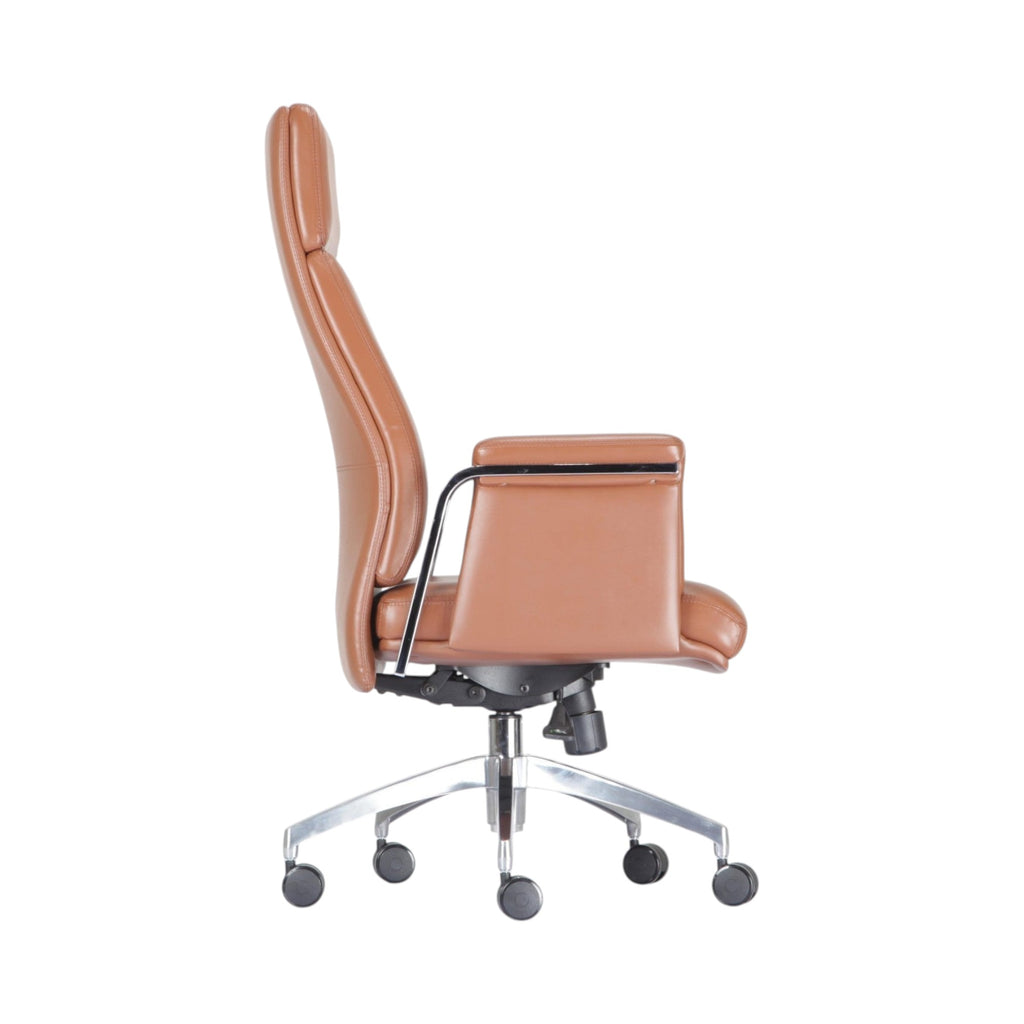 Xiaoyaozuo office chair executive high back chair in brown faux leather with padded armrests and chrome base.