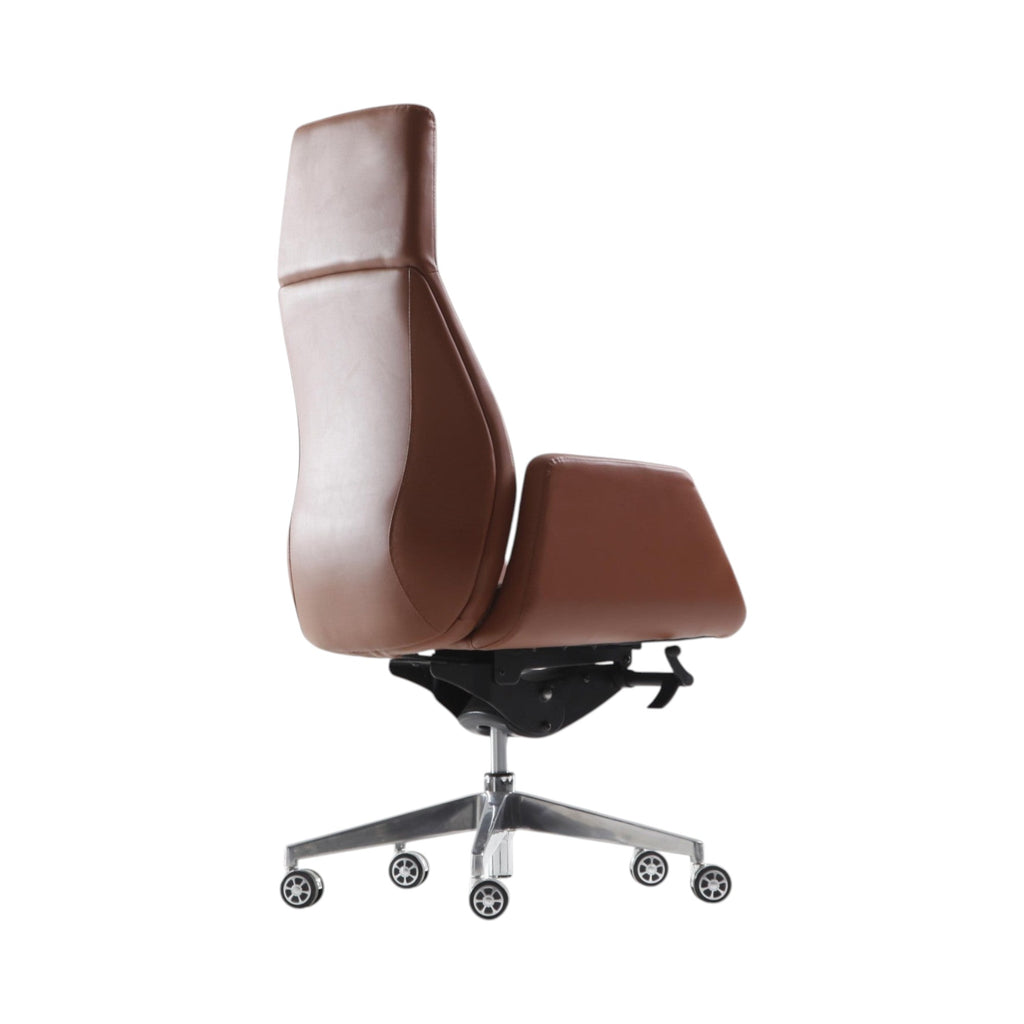 Xiaoyaozuo office chair brown faux leather executive high back chair with polished metal base and casters.
