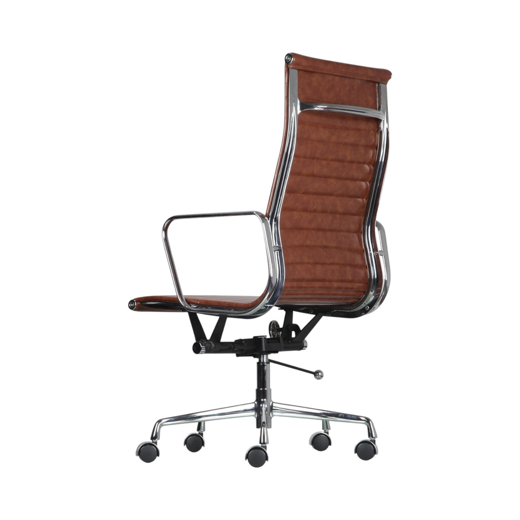 Xiaoyaozuo office chair executive high back chair in brown faux leather with chrome accents and ribbed detailing.
