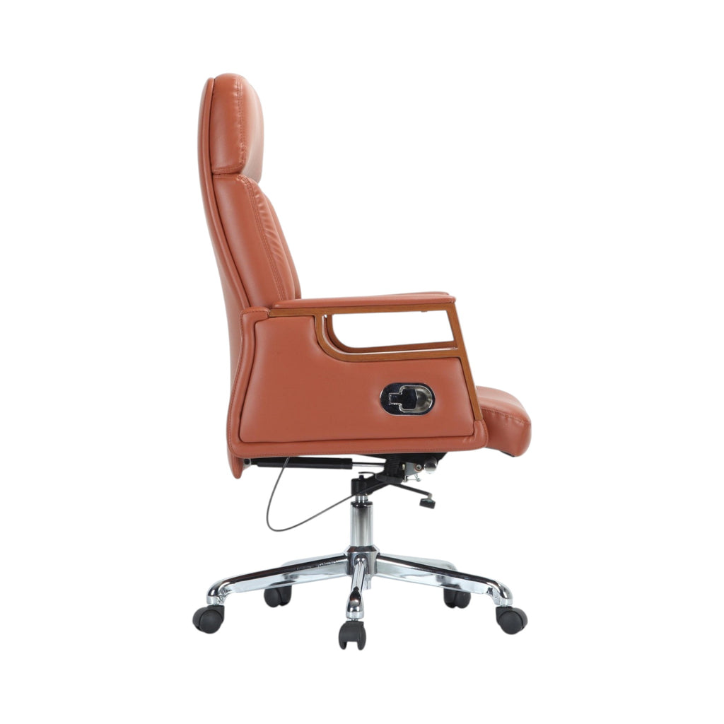 Xiaoyaozuo office chair executive high-back chair in brown faux leather with wooden armrests and chrome base.