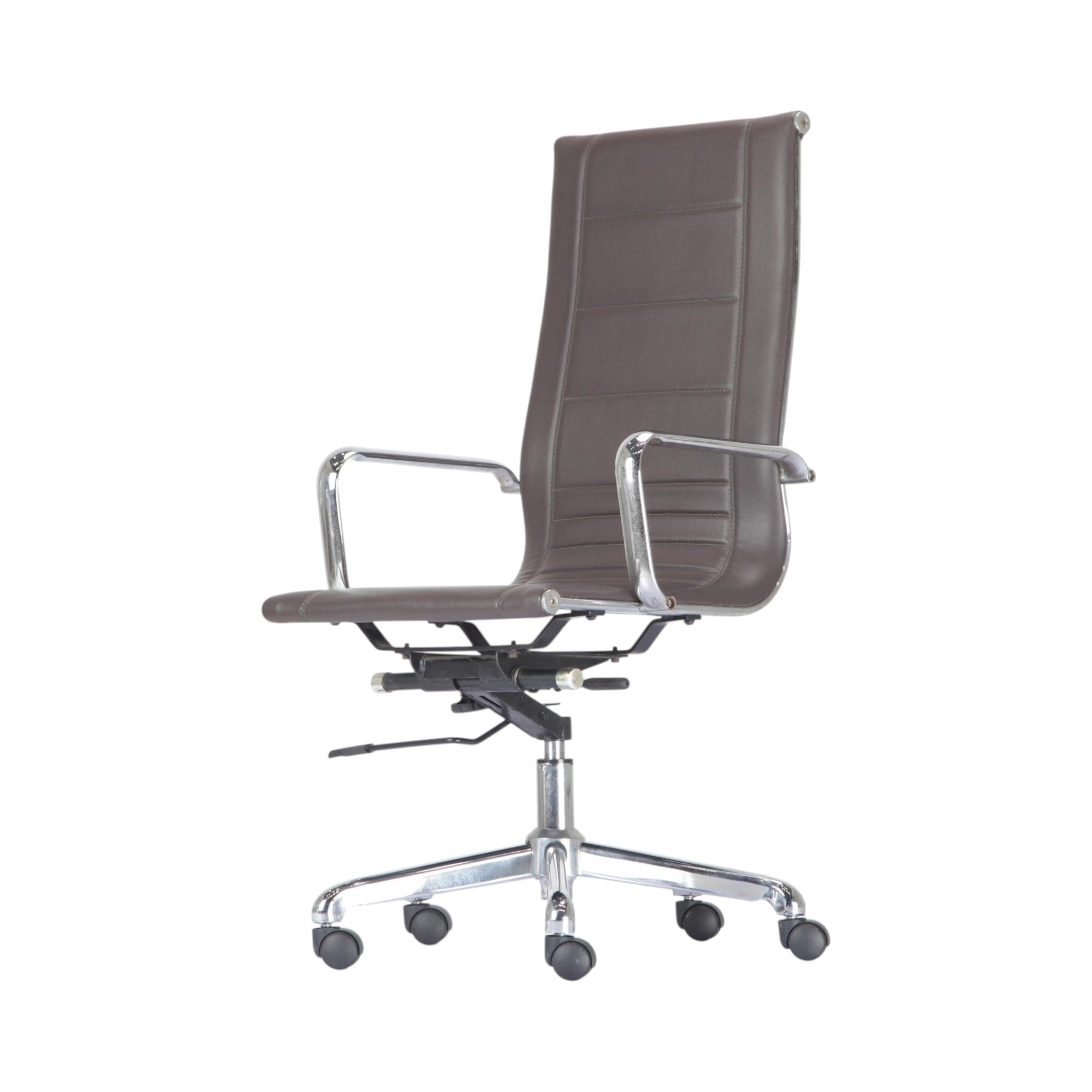 Xiaoyaozuo office chair executive high back chair in brown faux leather with polished chrome frame and casters.