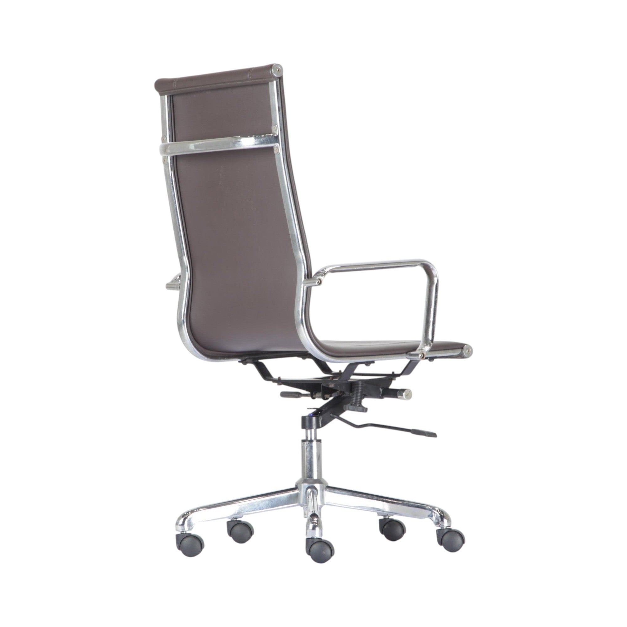 Xiaoyaozuo office chair executive high back chair in brown faux leather with polished chrome frame and armrests, on casters.
