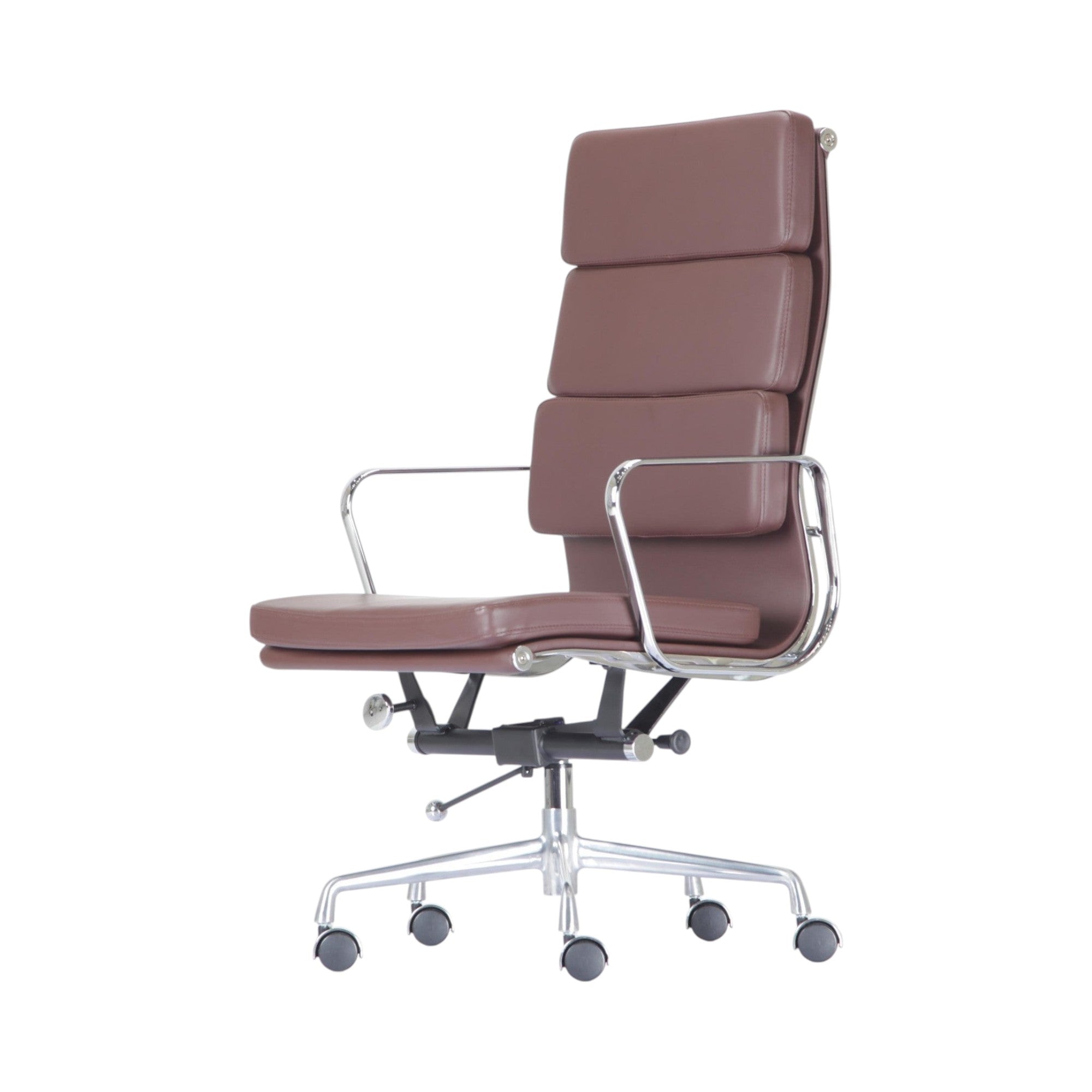 Xiaoyaozuo office chair: Brown faux leather executive high back office chair with polished chrome frame and armrests.