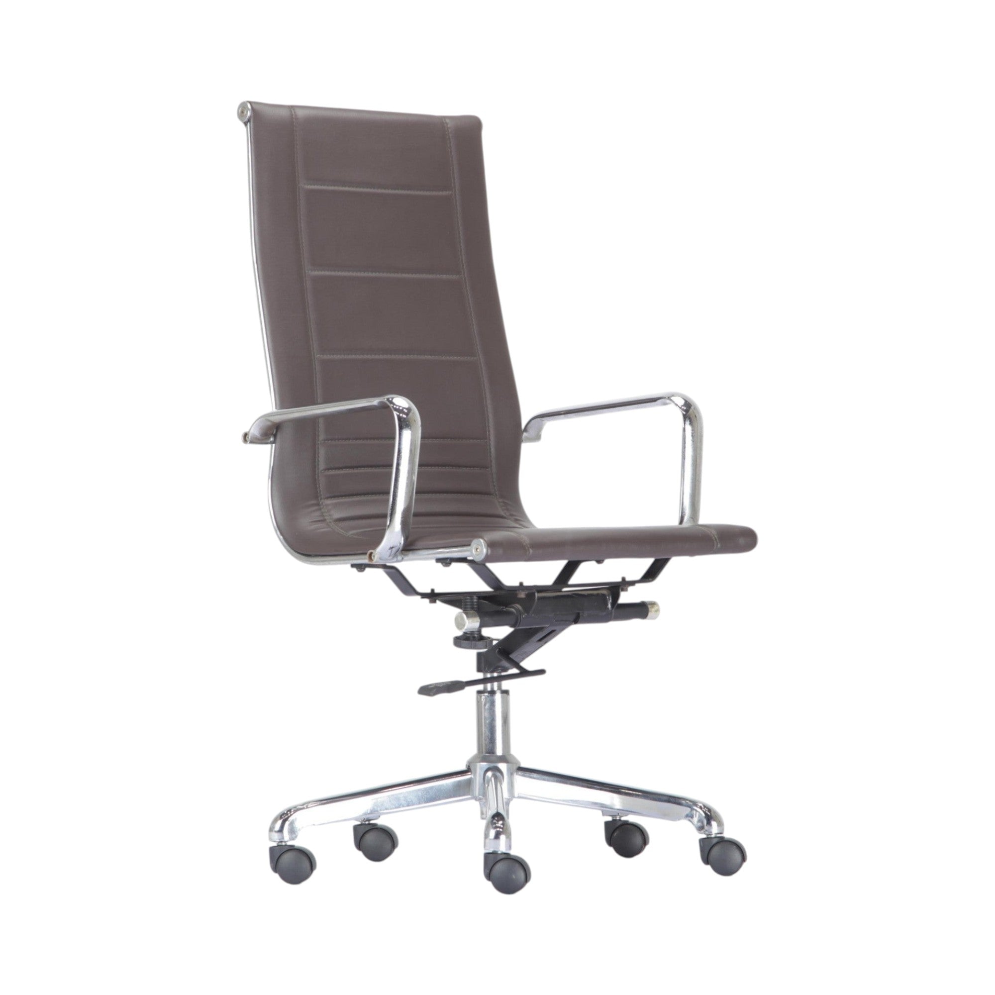 Xiaoyaozuo office chair executive high back chair in brown faux leather with polished chrome frame and casters.