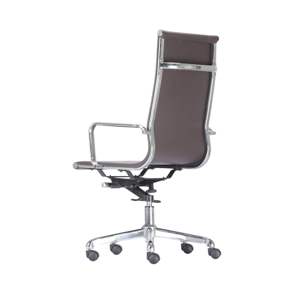 Xiaoyaozuo office chair executive high back chair in brown faux leather with polished chrome frame and armrests.