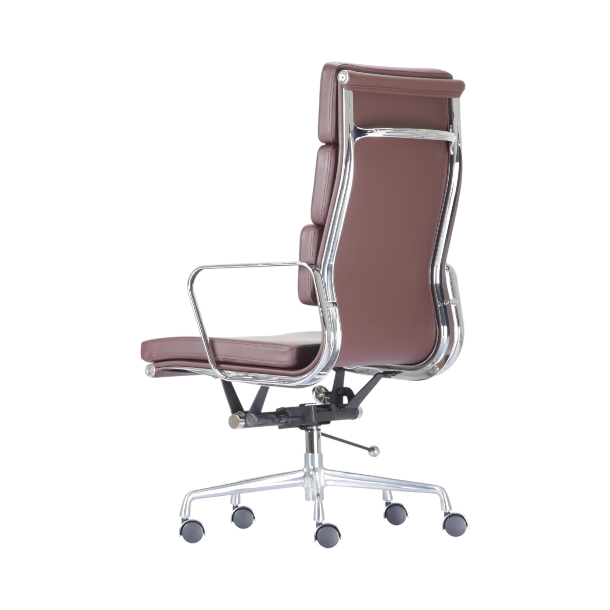 Xiaoyaozuo office chair executive high back chair in brown faux leather with polished chrome frame and armrests.