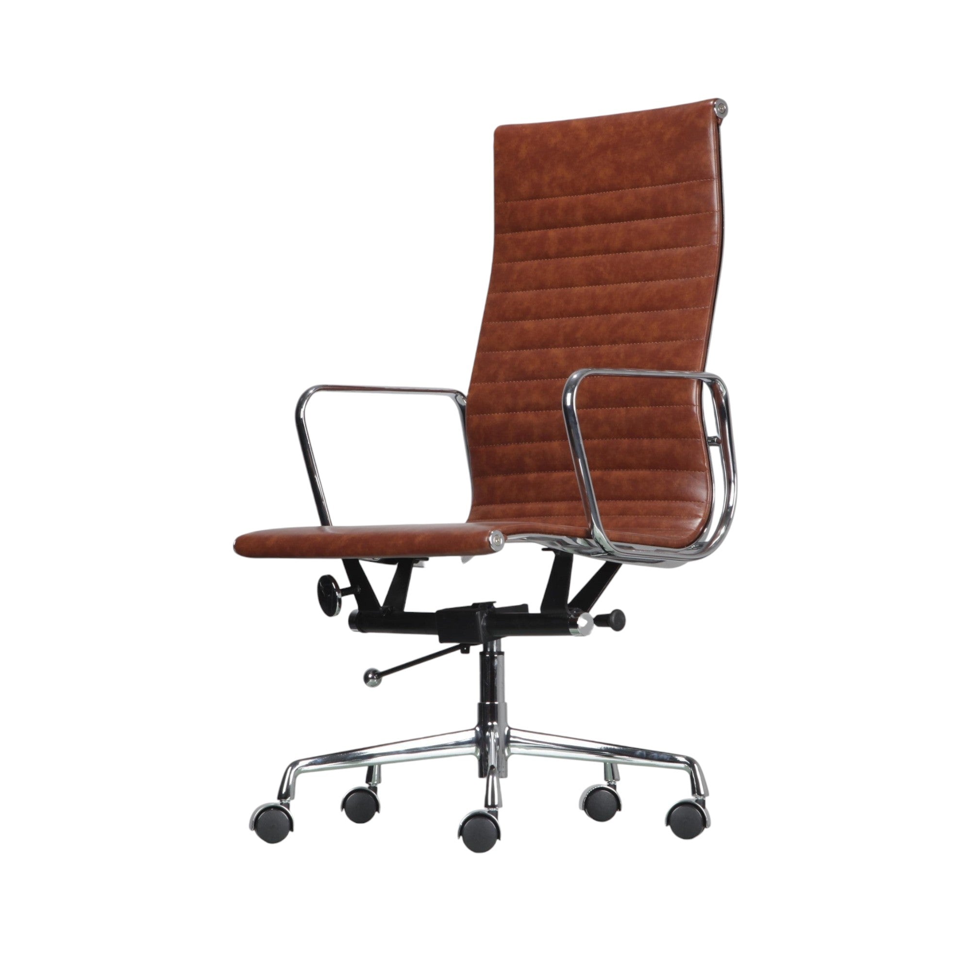 Xiaoyaozuo office chair executive high back chair in brown faux leather with ribbed detailing and chrome base.