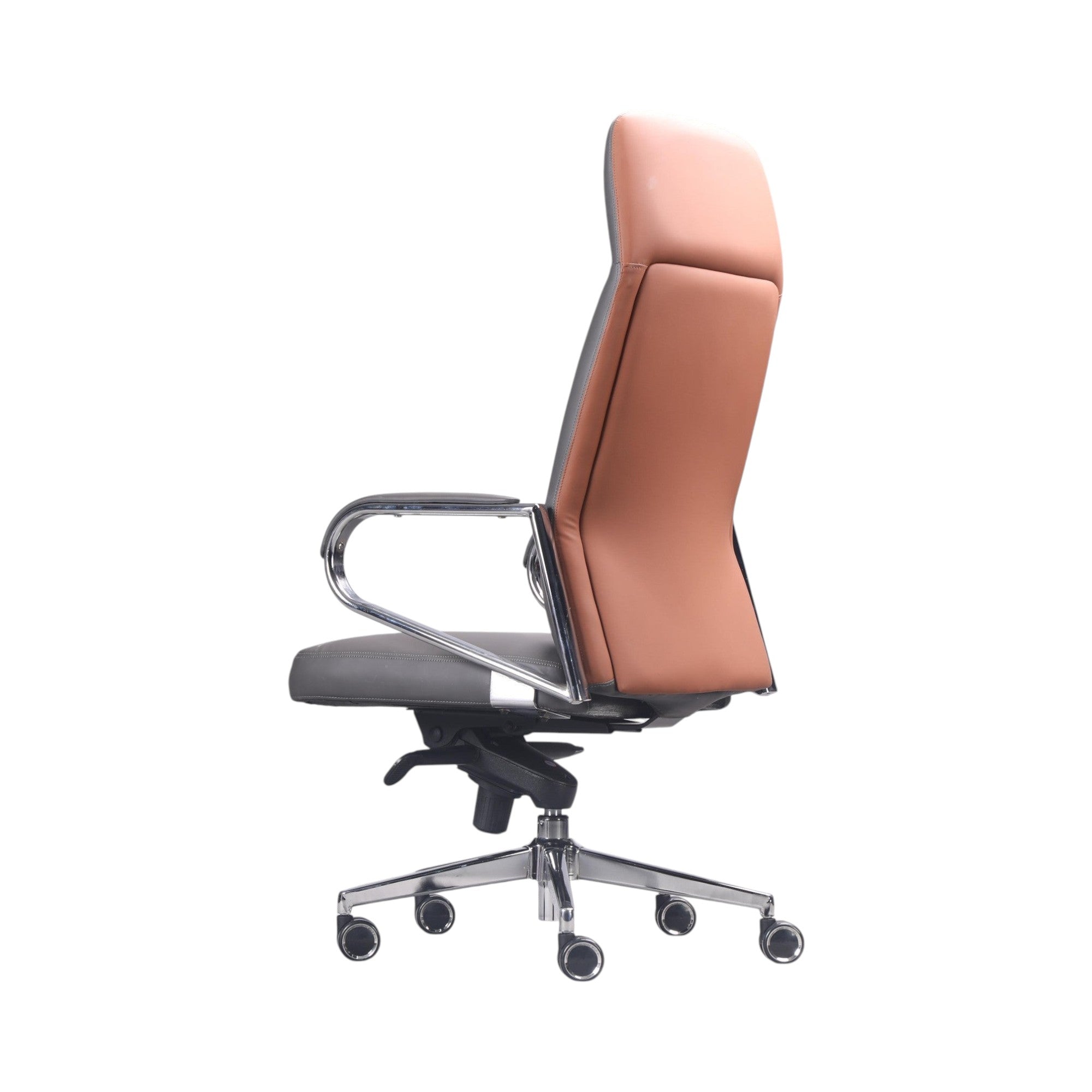 Xiaoyaozuo office chair executive high back chair in brown and grey faux leather with chrome accents and casters.