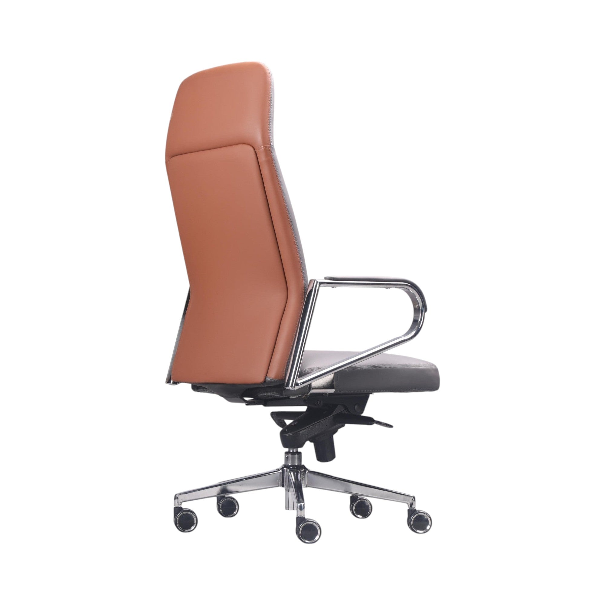 Xiaoyaozuo office chair executive high back chair in brown and grey faux leather with chrome accents and casters.