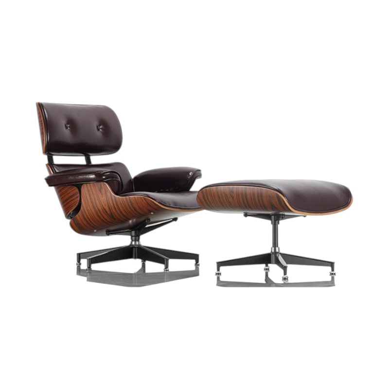 Xiaoyaozuo office chair brown leather executive lounge chair with wood veneer shell and matching ottoman on a white background.
