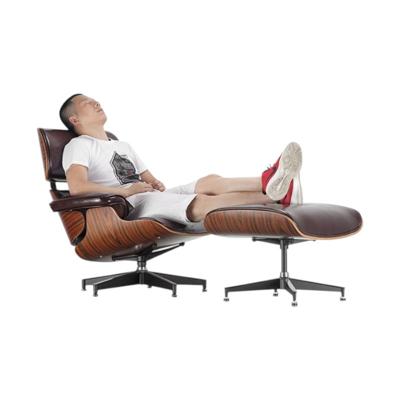 Xiaoyaozuo office chair brown leather lounge chair with wood veneer shell and ottoman, man relaxing.