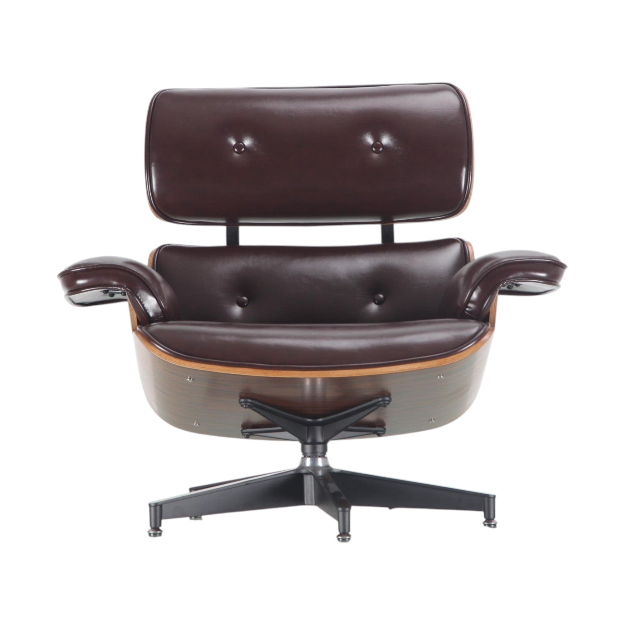 Xiaoyaozuo office chair brown leather executive lounge chair with wood veneer shell and swivel base.
