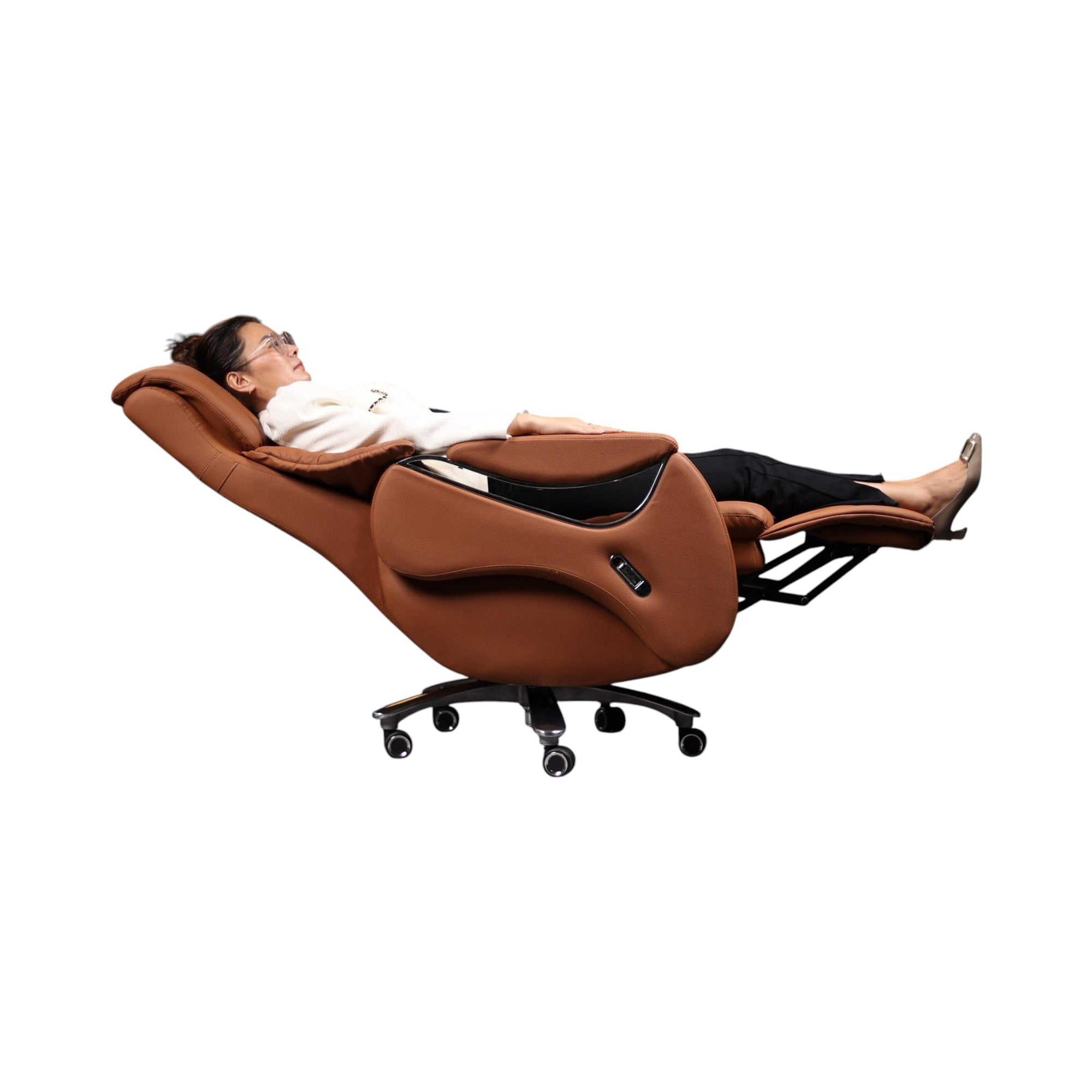 Xiaoyaozuo office chair brown leather executive massage reclining office chair with footrest and casters, woman relaxing.