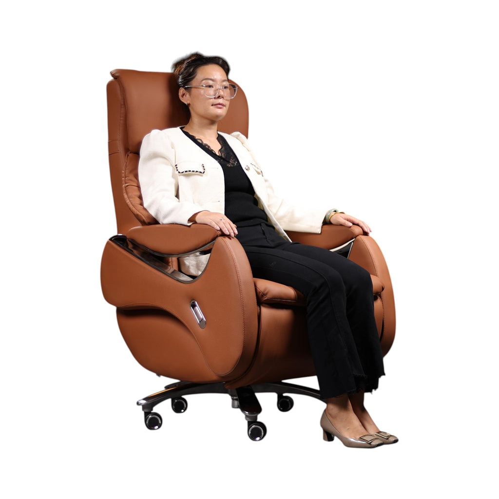 Xiaoyaozuo office chair brown leather executive massage reclining office chair with footrest and casters.
