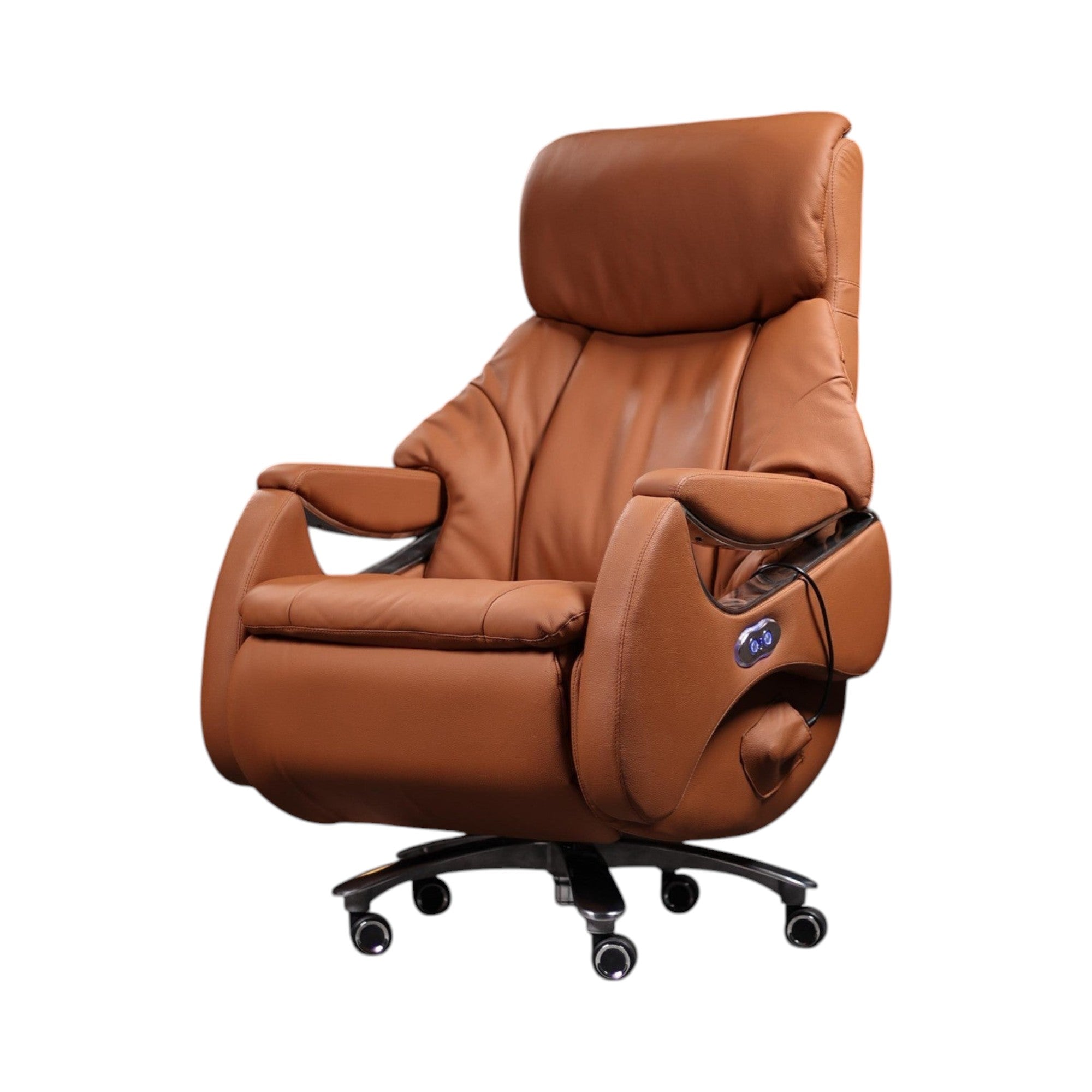 Xiaoyaozuo office chair: Brown leather executive massage reclining office chair with footrest and ergonomic design.