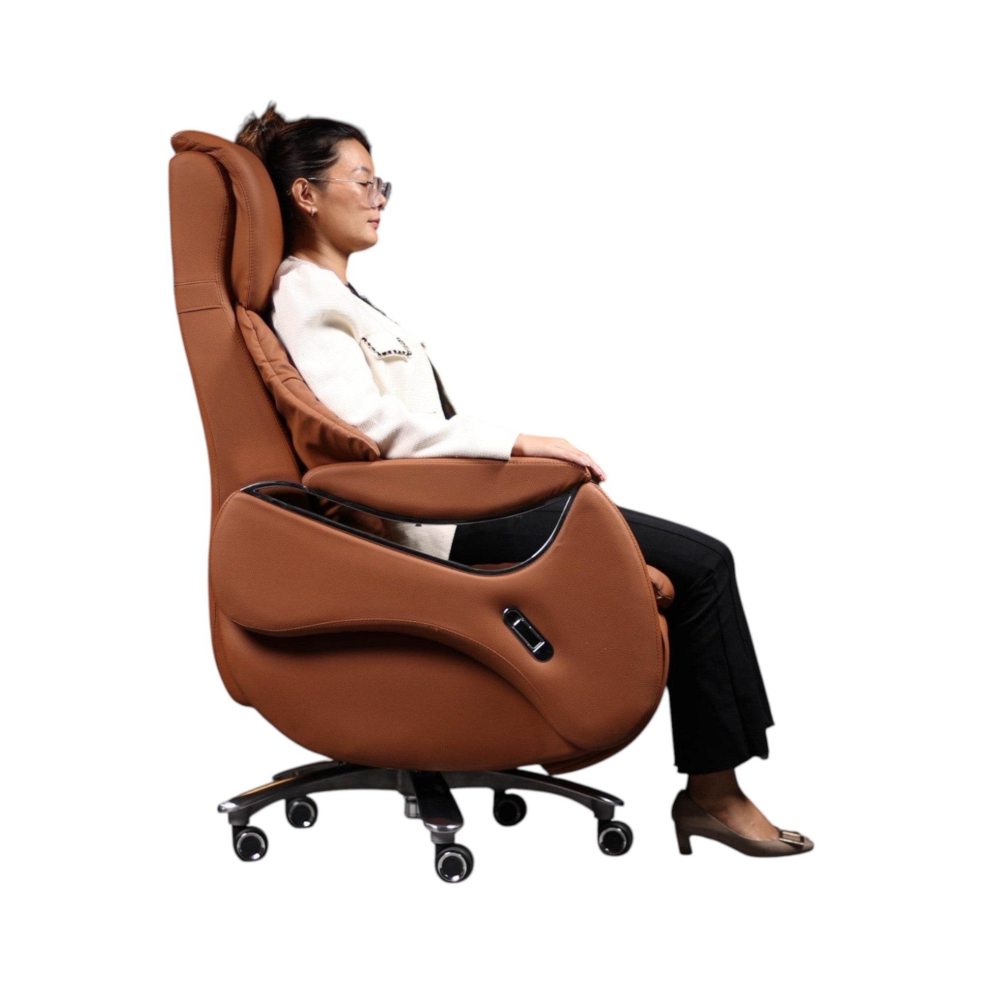 Xiaoyaozuo office chair brown leather executive massage reclining office chair with footrest and casters.