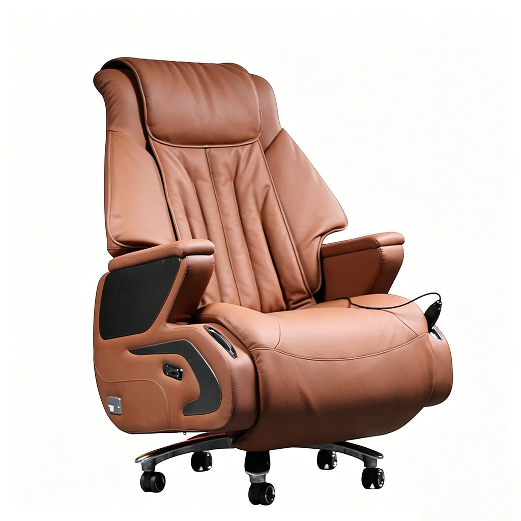 Xiaoyaozuo TF06 executive massage office chair in brown top-grain leather with plush cushioning and integrated controls.