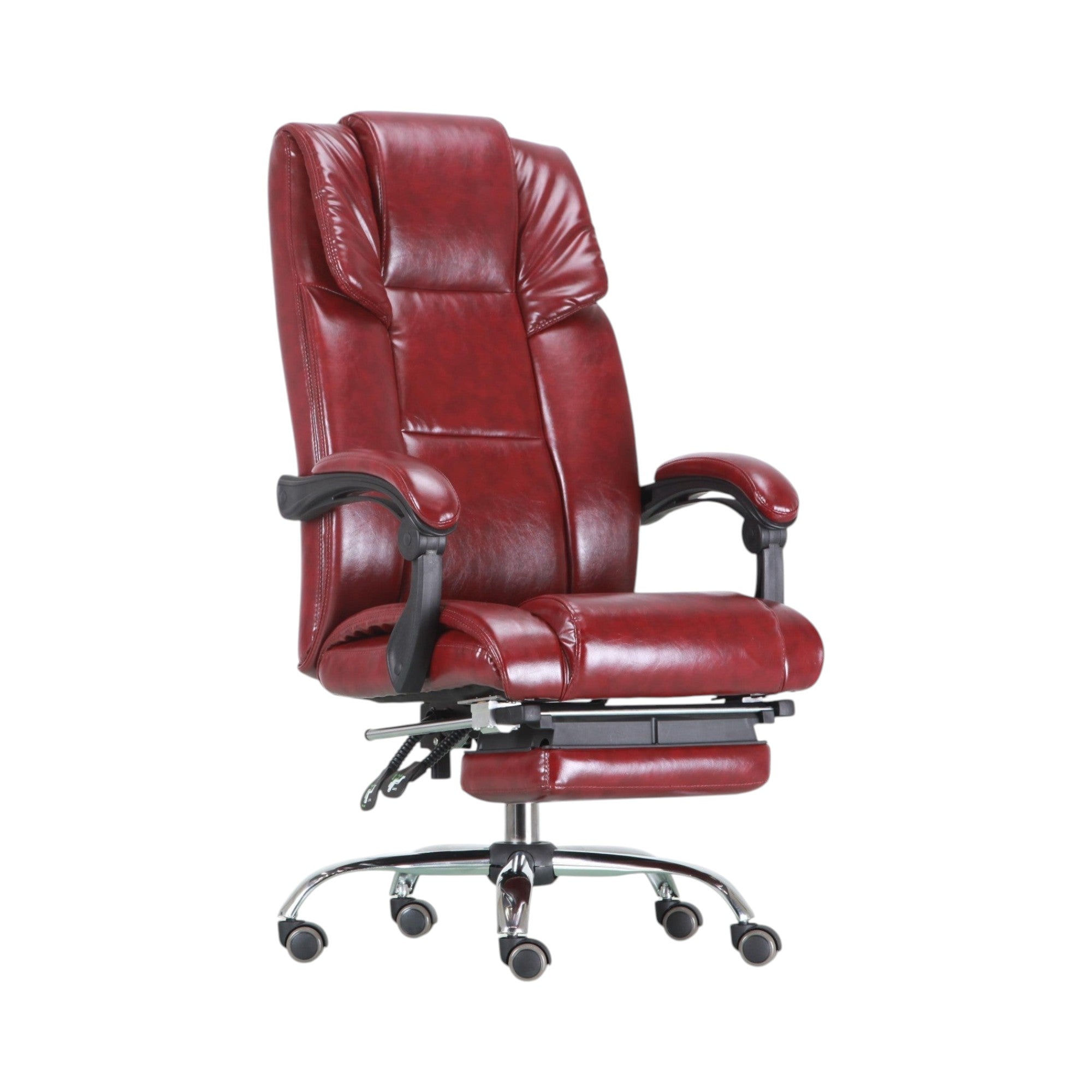 Xiaoyaozuo office chair executive ergonomic chair in burgundy faux leather with retractable footrest and chrome base.