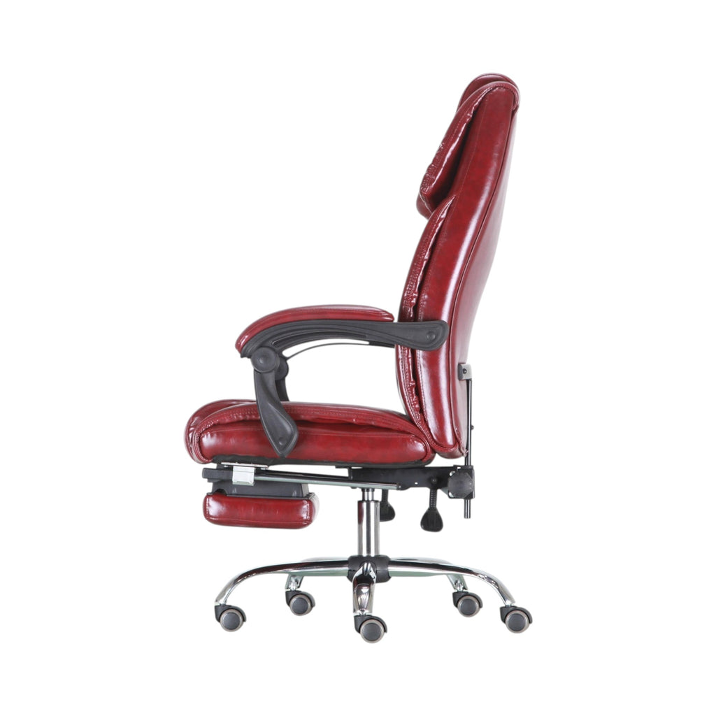 Xiaoyaozuo office chair executive ergonomic chair in burgundy faux leather with retractable footrest and chrome base.