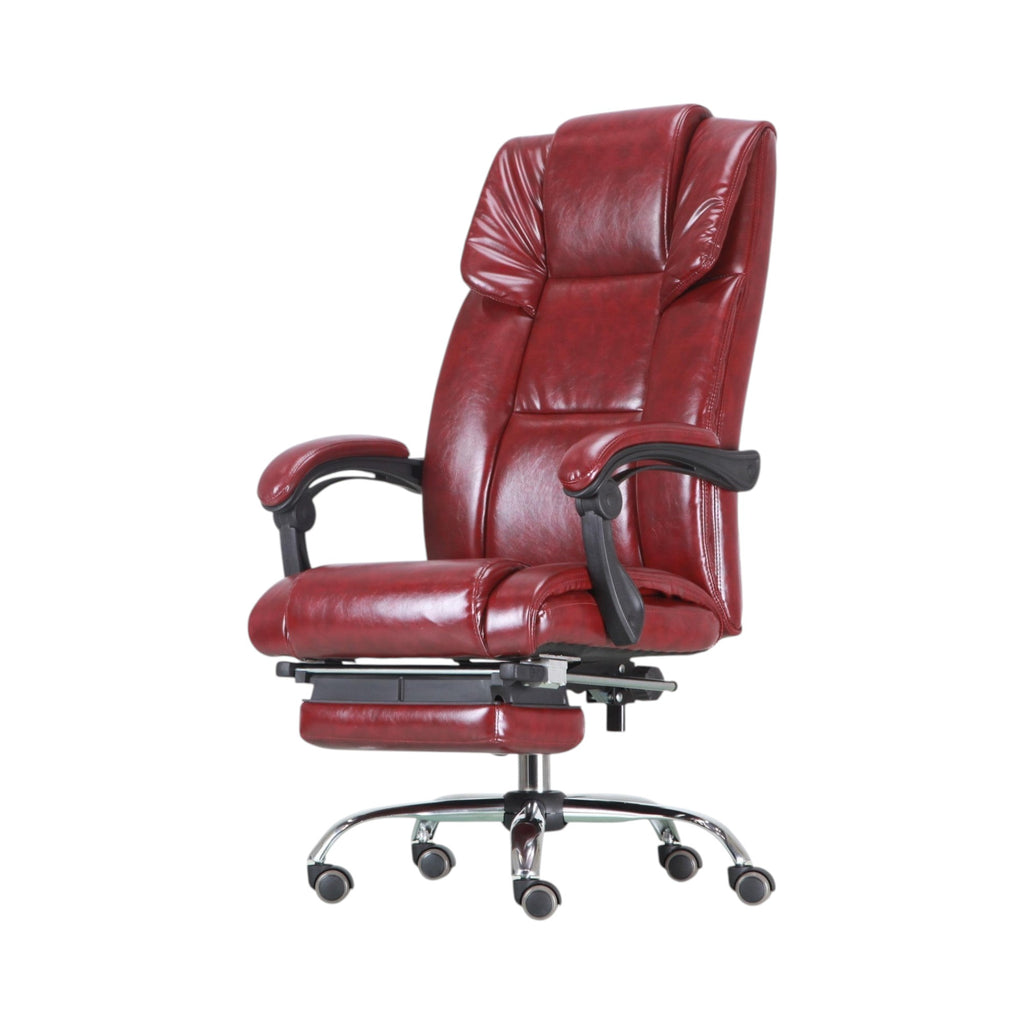 Xiaoyaozuo office chair executive ergonomic chair in burgundy faux leather with retractable footrest and chrome base.