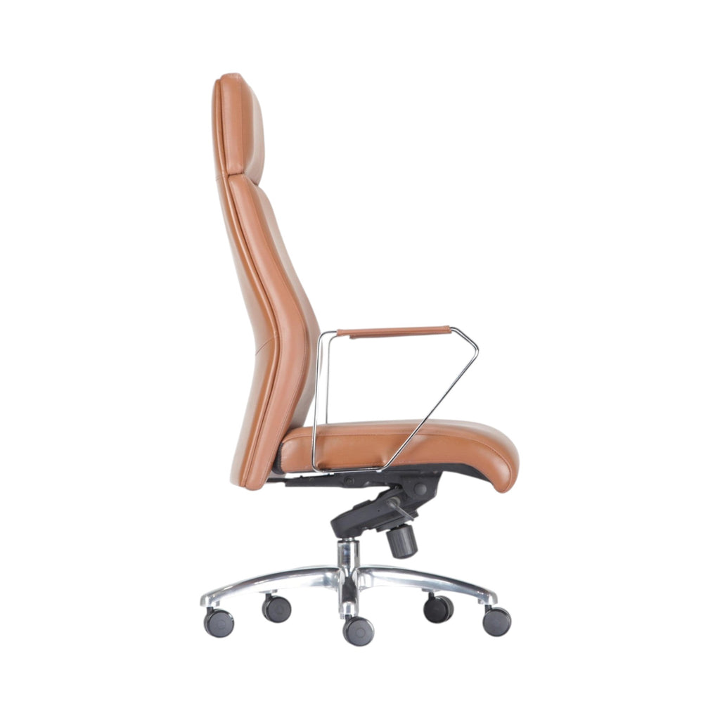 Xiaoyaozuo office chair executive high back chair in caramel faux leather with polished chrome arms and base, on casters.