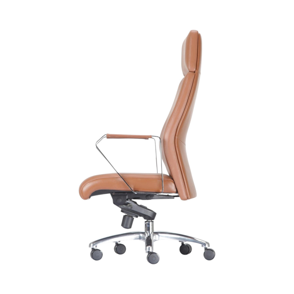 Xiaoyaozuo office chair executive high back chair in caramel faux leather with polished chrome arms and base.