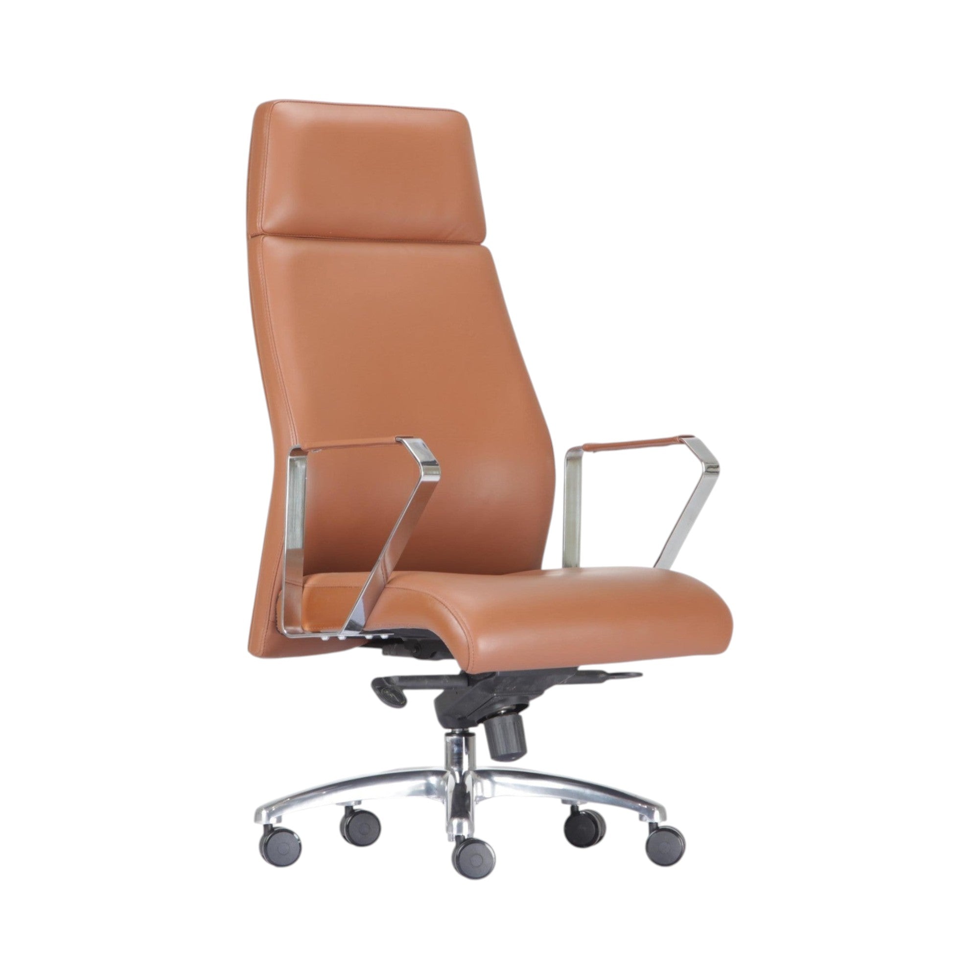 Xiaoyaozuo office chair executive high back chair in caramel faux leather with polished chrome arms and base.