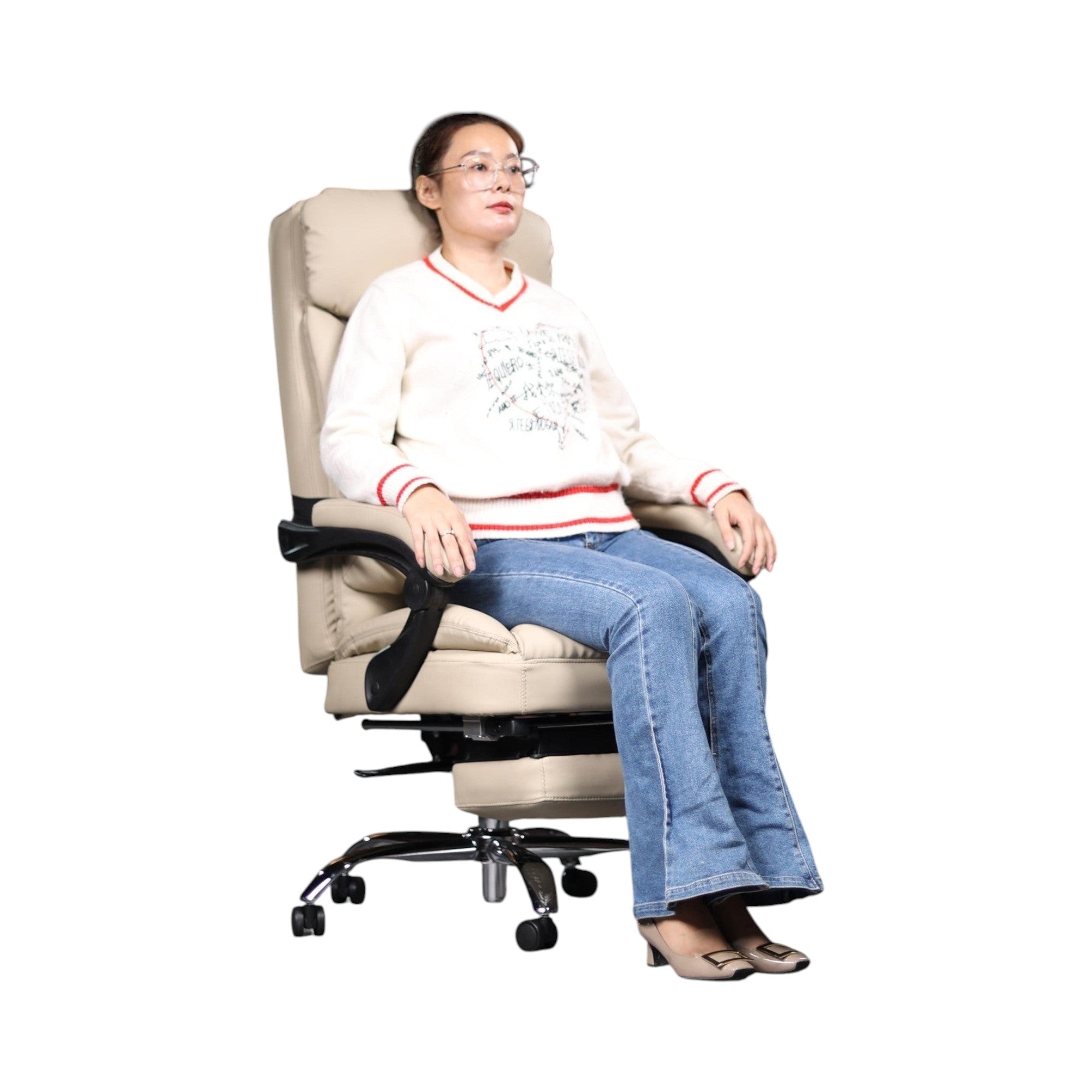 Xiaoyaozuo office chair cream PU leather executive ergonomic chair with footrest and lumbar pillow, woman sitting.