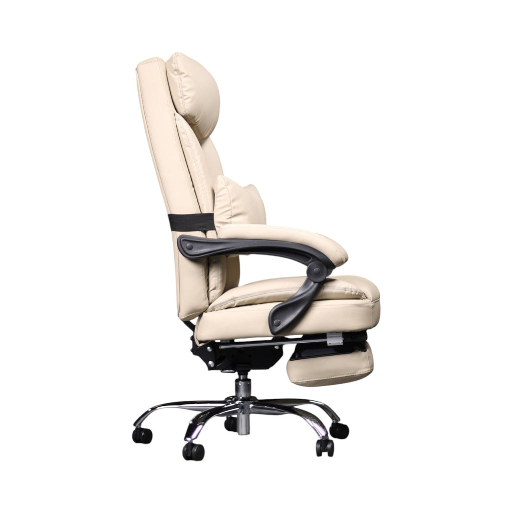 Xiaoyaozuo office chair cream PU leather executive ergonomic chair with footrest, lumbar pillow, and adjustable headrest.