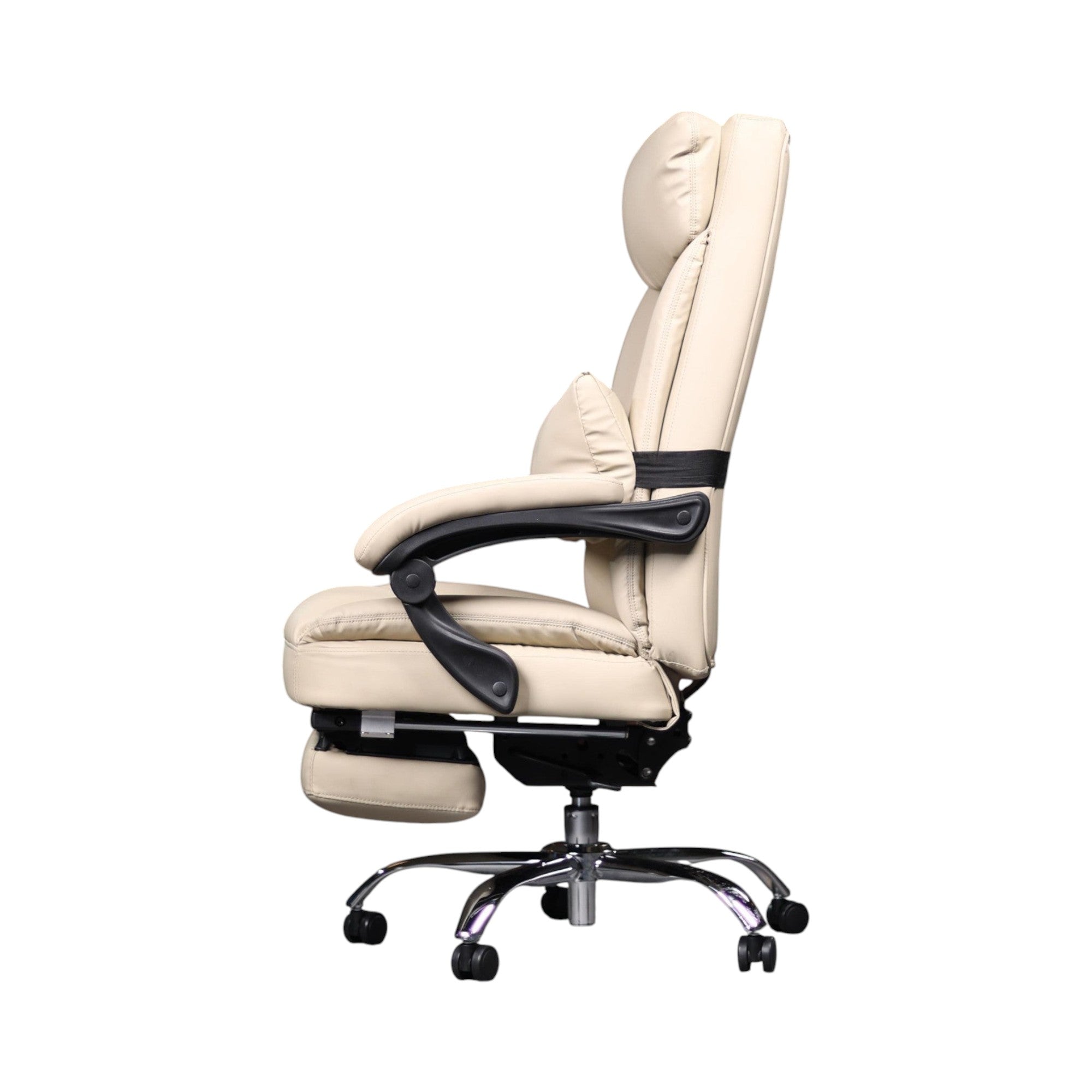 Xiaoyaozuo office chair cream PU leather executive ergonomic chair with footrest, lumbar pillow, and adjustable headrest.