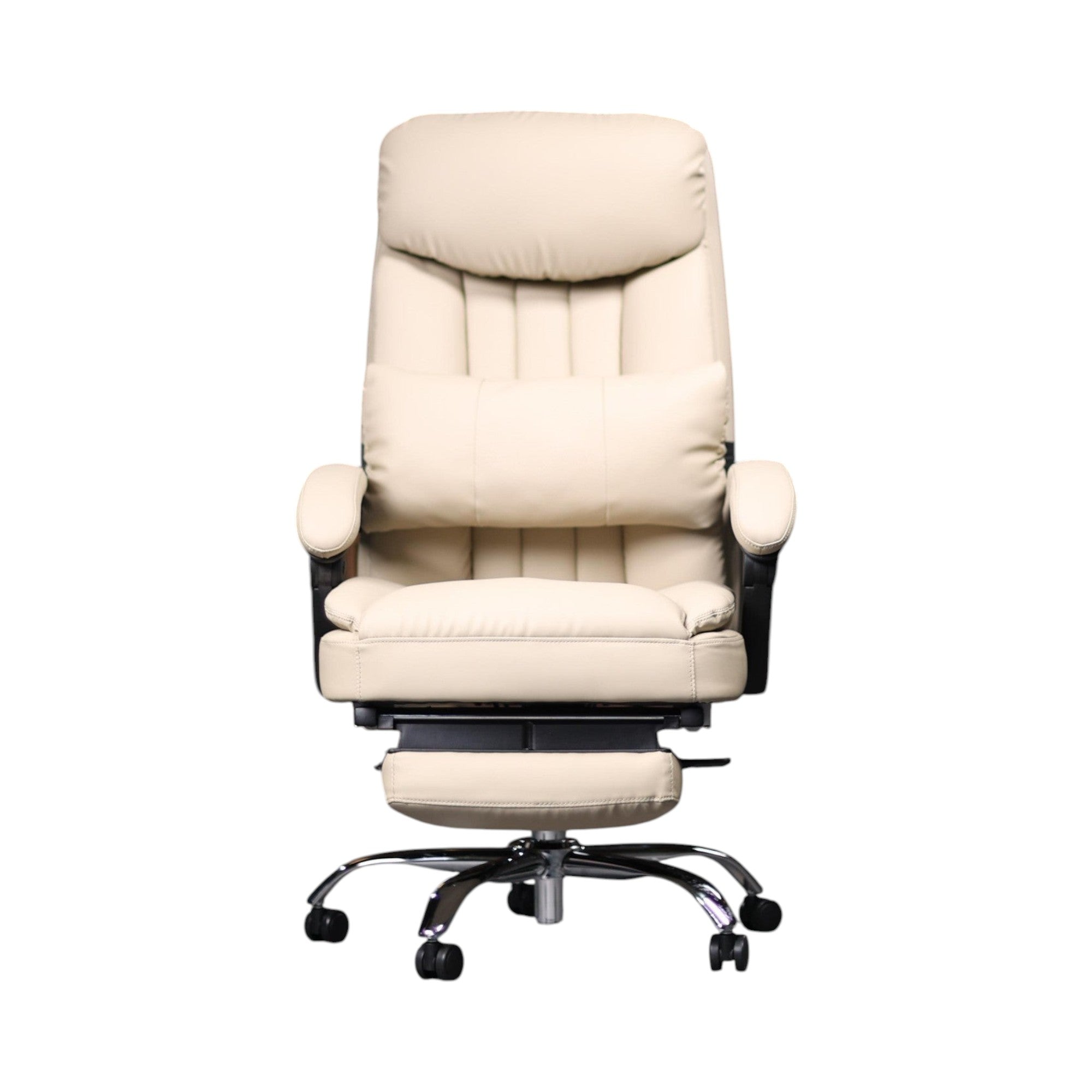 Xiaoyaozuo office chair cream PU leather executive ergonomic chair with lumbar pillow, adjustable headrest, and footrest.