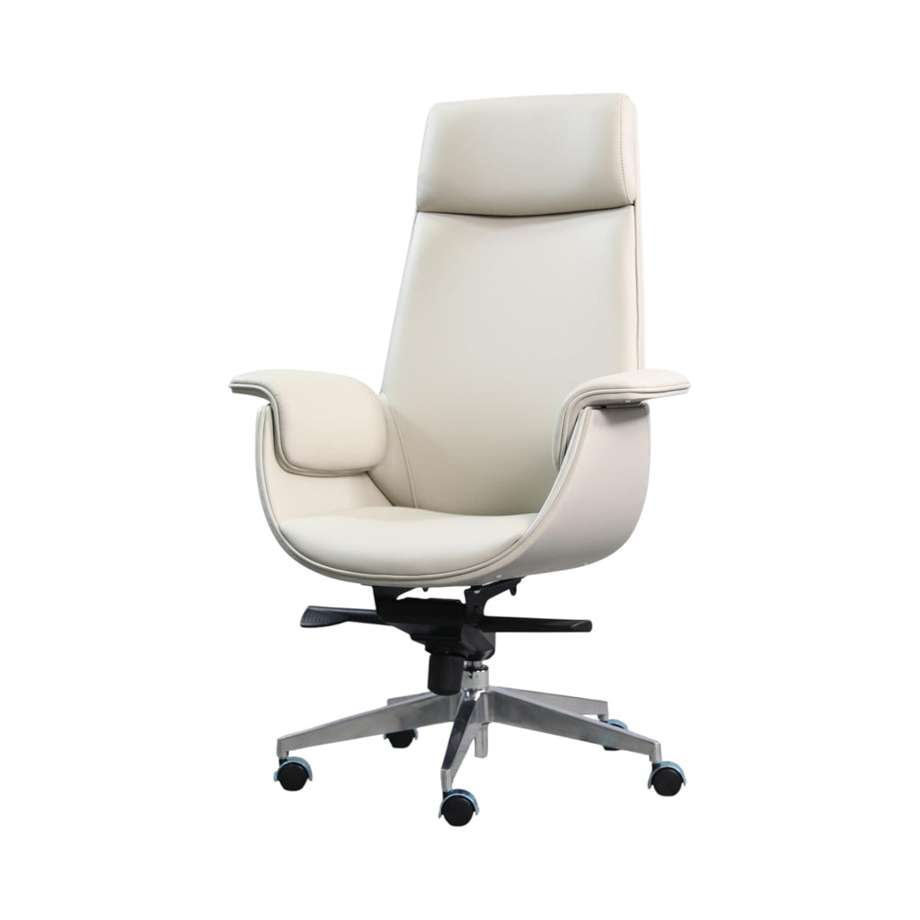 Xiaoyaozuo office chair cream faux leather executive high back office chair with headrest and armrests.