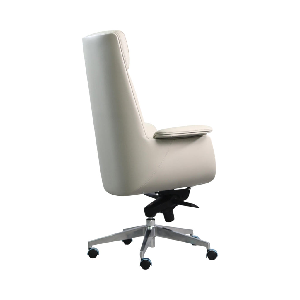 Xiaoyaozuo office chair cream faux leather executive high back office chair with headrest and armrests on metal base with casters.